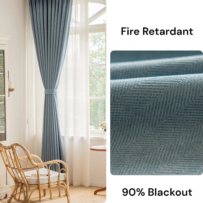 Janet Herringbone Fire Retardant Chenille Blackout Curtains for Bedroom & Living Room - Thermal Insulated Noise Reducing Window Drapes for Home Decor
