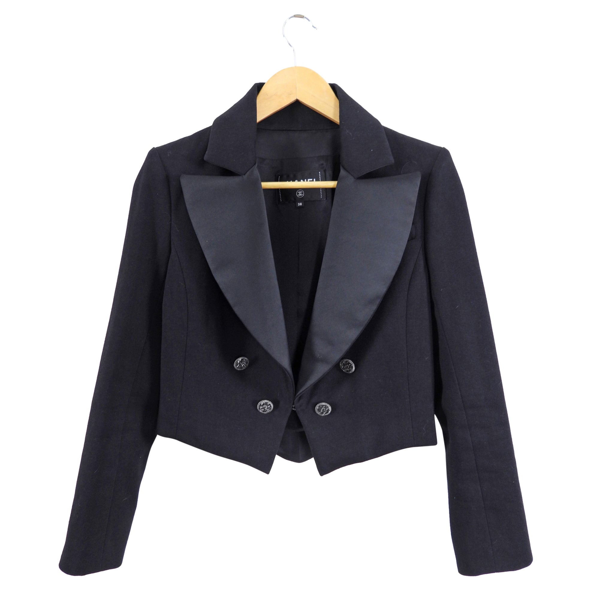 Chanel Paris Cuba 17C Resort Black Satin Lapel Cropped Blazer Jacket for Women - Size FR38/S - Perfect for Evening Parties, Weddings & Formal Events