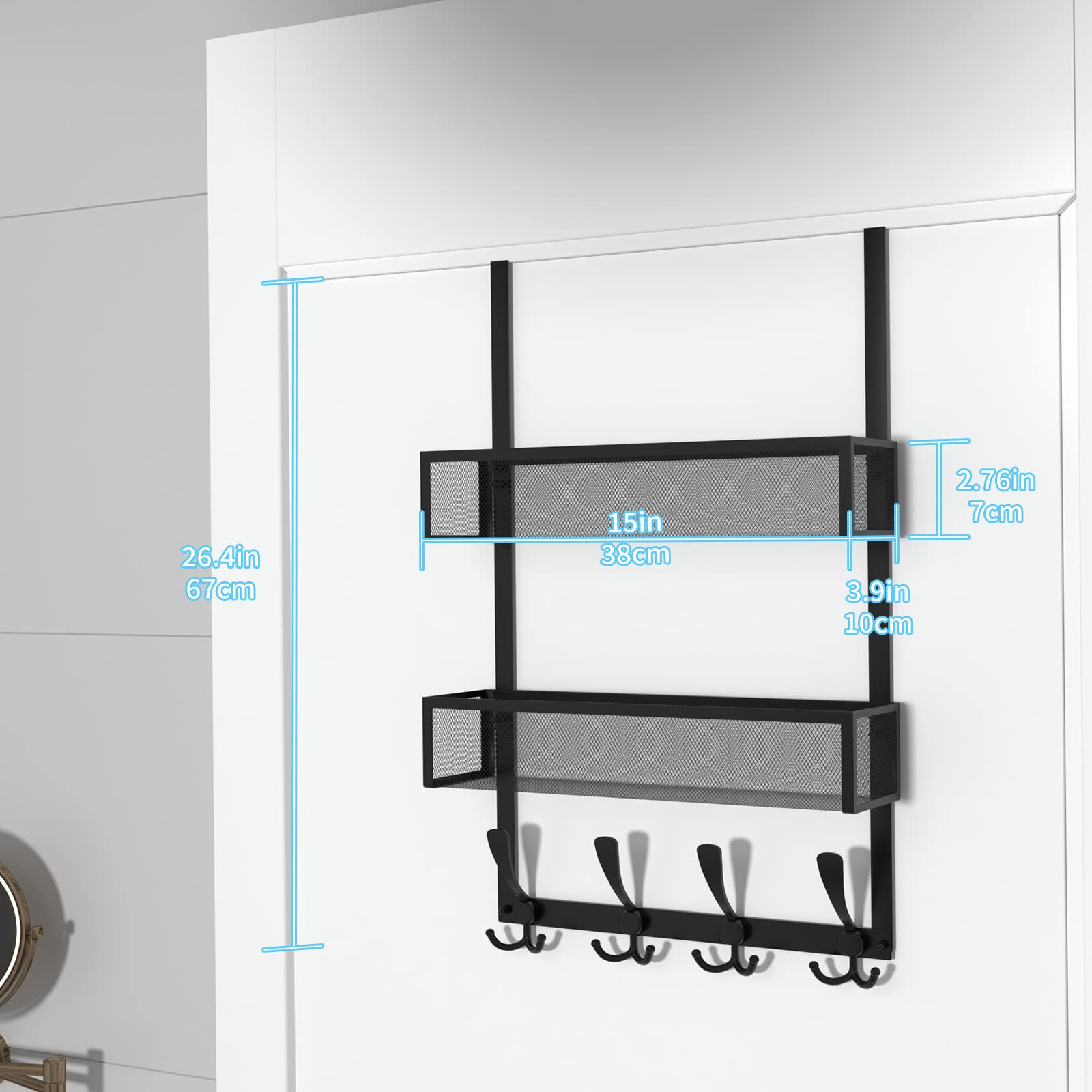 Over The Door Hooks Organizer - 12 Hooks & 2 Mesh Baskets Space Saving Coat Rack - Heavy Duty Door Storage for Bathroom, Bedroom, Kitchen, Office (Black) - Perfect for Organizing Towels, Hats, Scarves & Kitchen Utensils