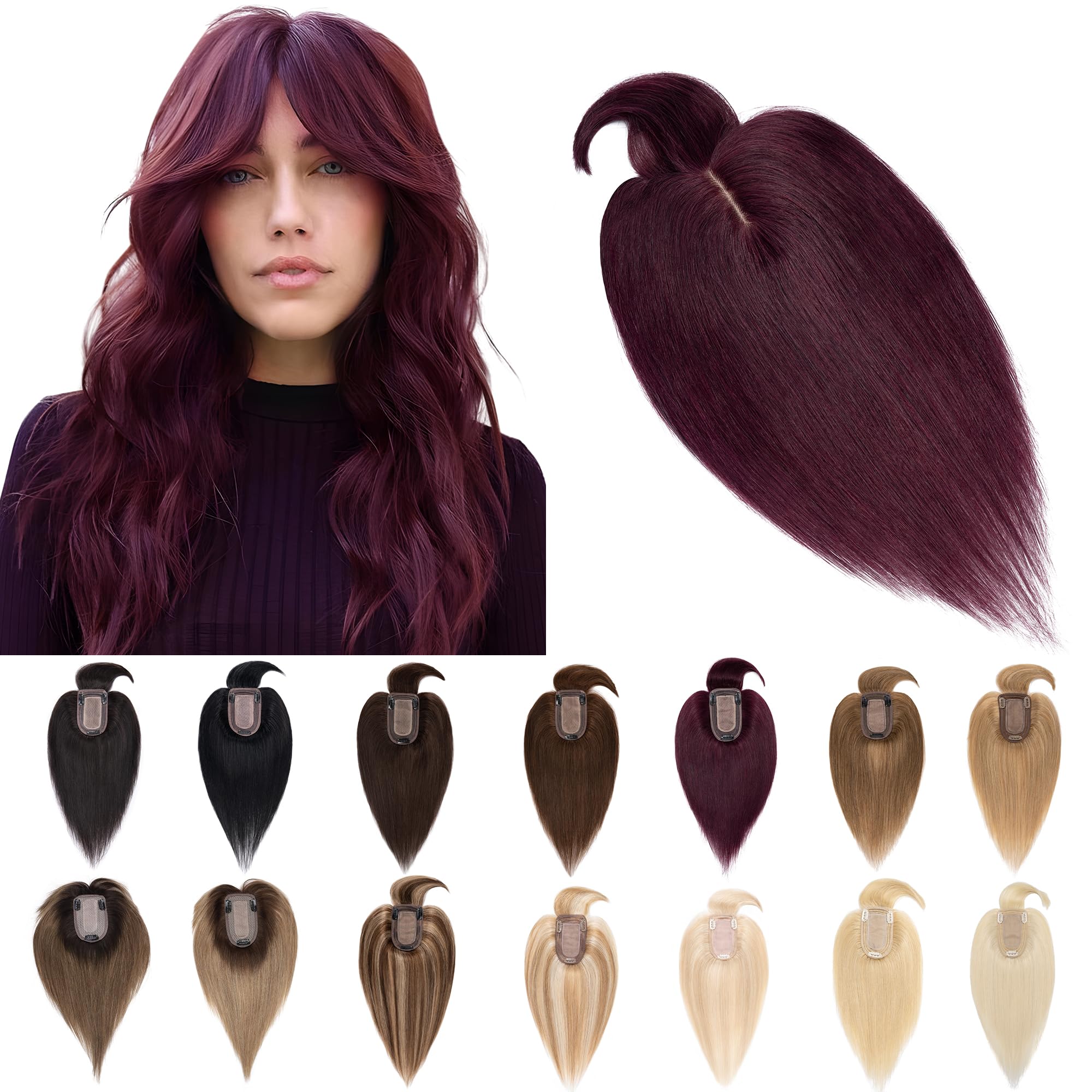 SEGO 12 Inch Wine Red Human Hair Toppers for Women with Bangs - 7x13cm Silk Base Clip-in Top Wiglet for Thinning Hair | 100% Remy Human Hair | Perfect for Daily Wear, Parties & Special Occasions