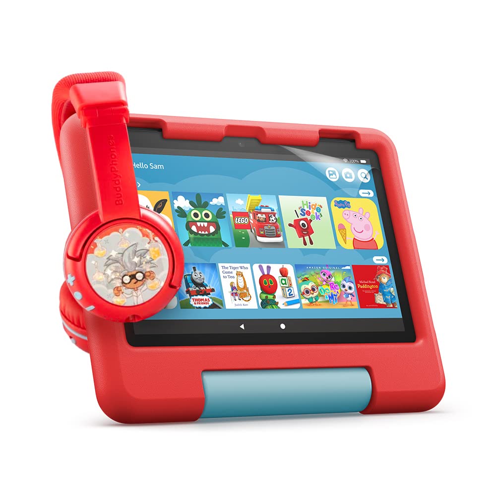 Fire HD 8 Kids Tablet (Red) with BuddyPhones PlayTime Bluetooth Headphones for Children (Poppy Red) & NuPro Screen Protectors (2-Pack) - Perfect for Learning, Entertainment & Travel