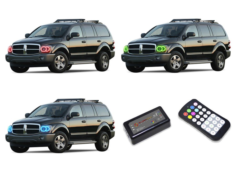 Flashtech LED RGB Multi-Color Halo Ring Headlight Kit with ColorFuse RF Remote - Compatible with Dodge Durango 2004-2006 Models - Upgrade Your Ride with Customizable Lighting for Night Driving & Car Shows