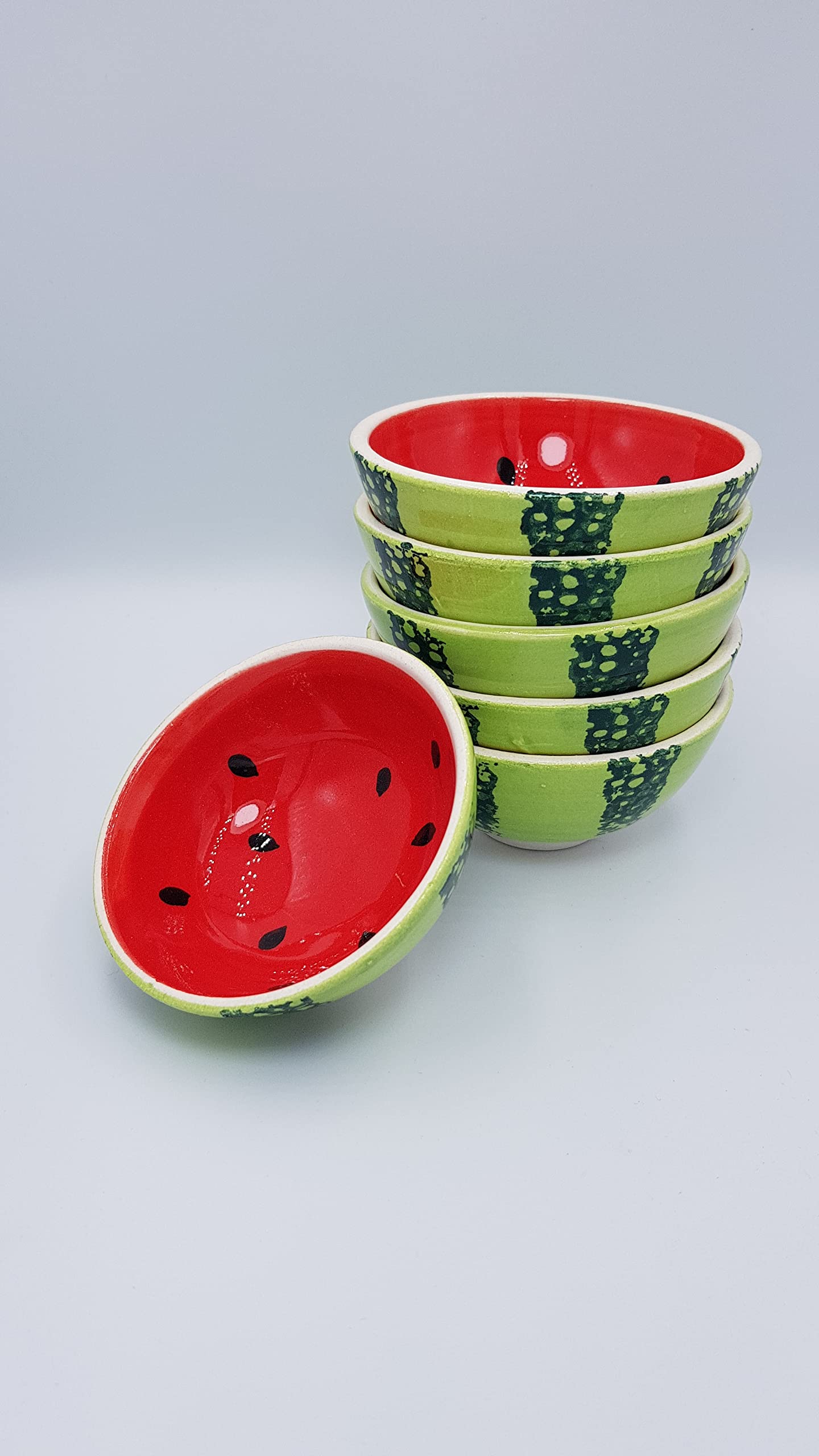 Kaira Handpainted Ceramic Mini Finger Bowls - Set of 6 Cute Fruit Design Snack Cups for Ice Cream, Condiments, Rice, Desserts, Soy Sauce, Salsa & Cereal - Perfect for Parties, Dining, Food Prep & Small Bite Serving (Red)