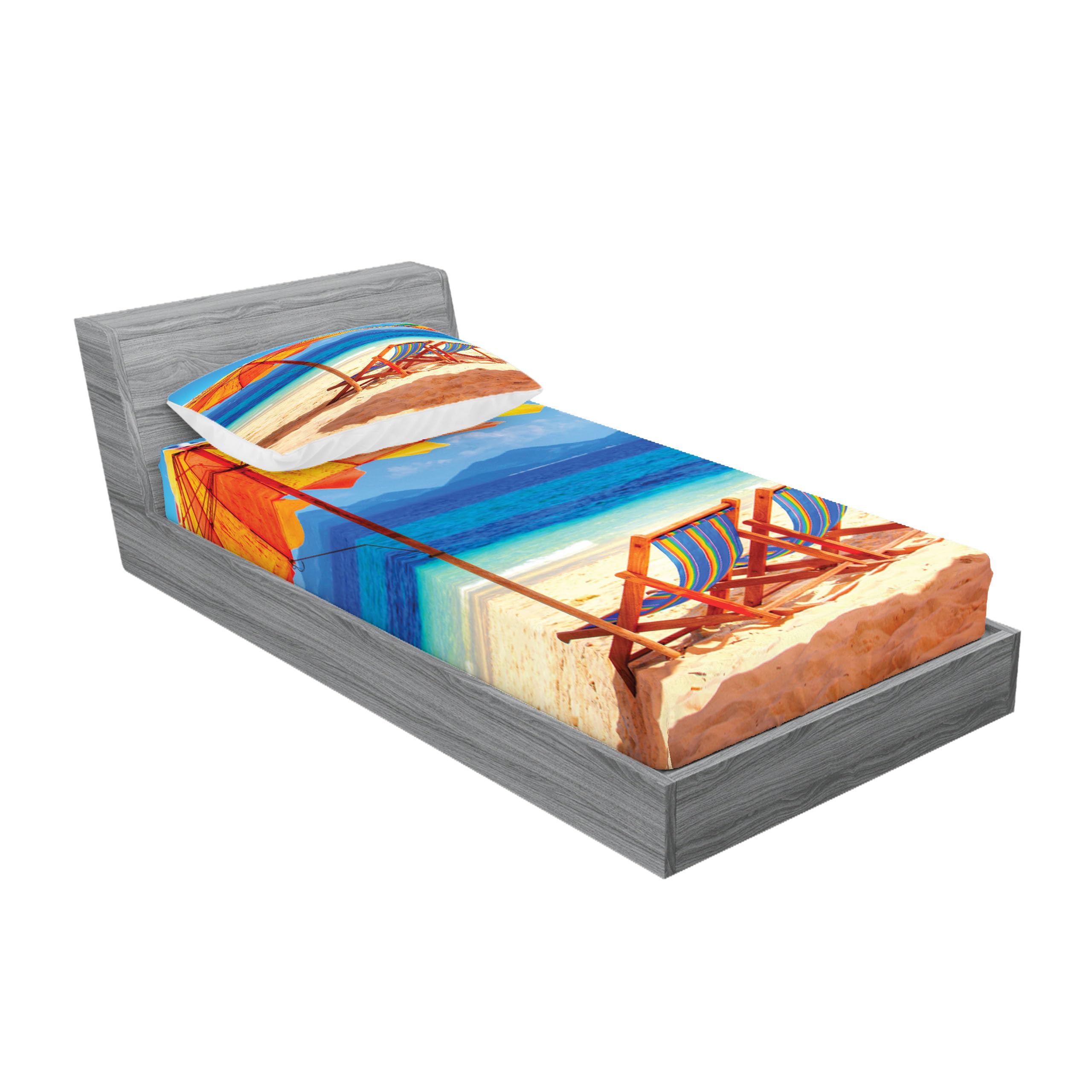 Ambesonne Seaside Fitted Sheet & Pillow Sham Set - Tropical Thailand Beach Decor with Deck Chairs | 2-Piece Printed Bedding Set for Twin Beds in Orange & Blue | Perfect for Coastal, Vacation & Boho Bedroom Themes