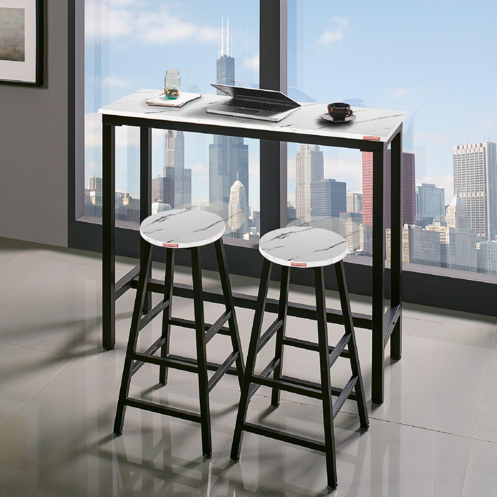 Ironstone 47-Inch White Pub Table - MDF Laminate Marble Top Bar Height Dining Table for Kitchen, Coffee, Writing & Computer Use - Perfect for Small Spaces, Apartments & Indoor Dining Areas