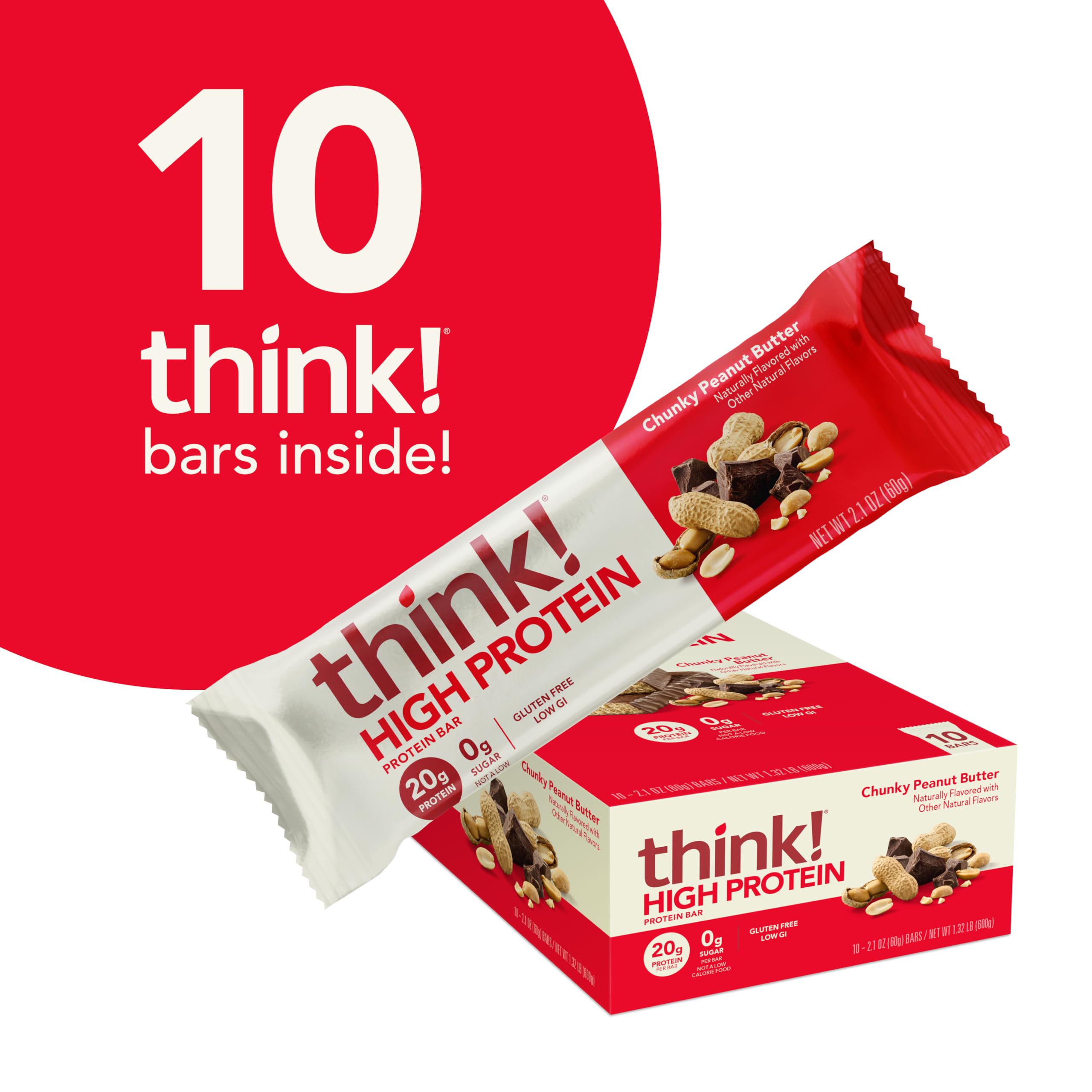 Think! Protein Bars - High Protein Snacks, Gluten Free, Kosher Friendly, Chunky Peanut Butter Flavor, 2.1 Oz per Bar (10 Count) - Perfect for Workouts, Hiking & Healthy On-the-Go Snacking