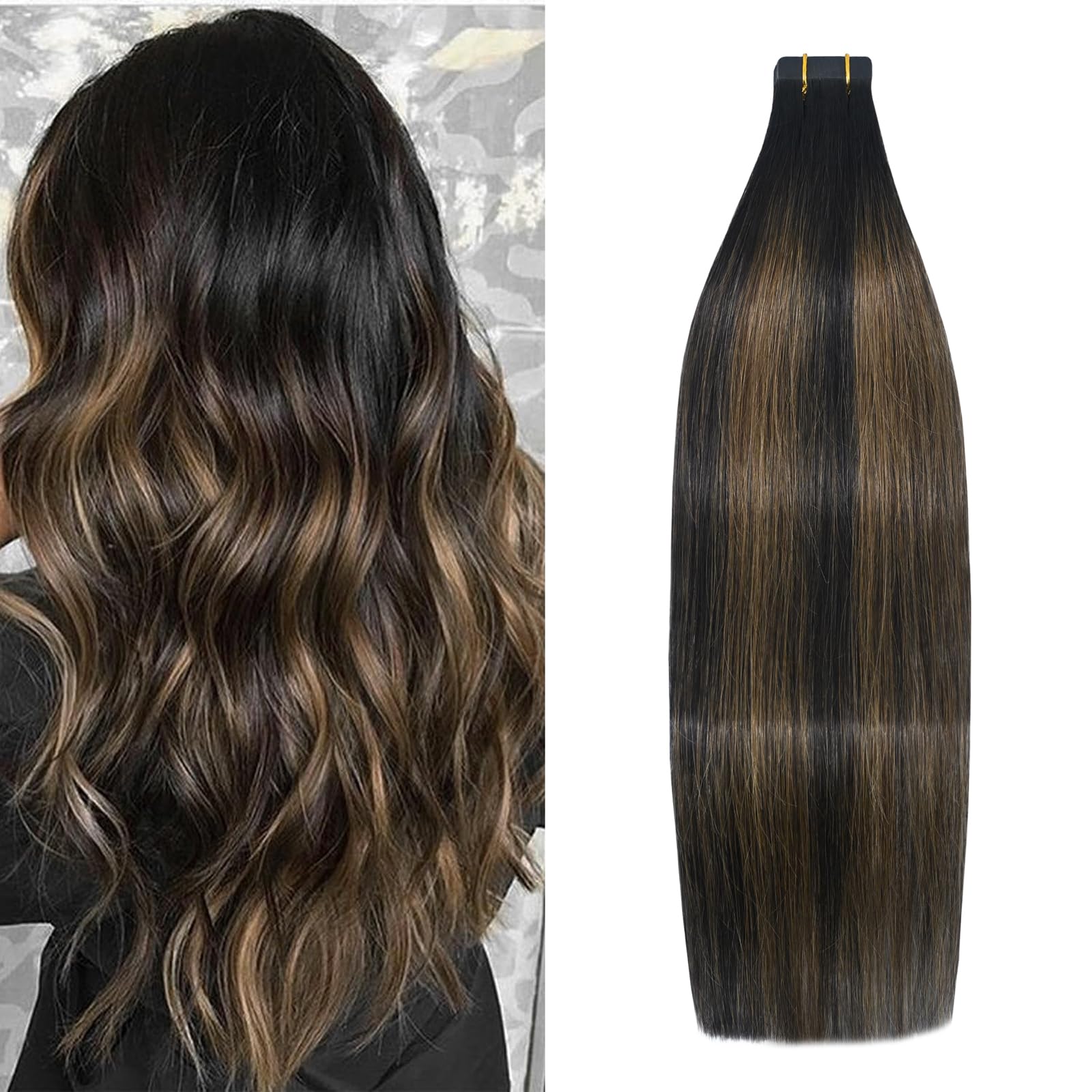 20Pcs 50g Tape in Human Hair Extensions - 20 Inch Straight Natural Black to Chestnut Brown Balayage - Thick Real Human Hair for Volume & Length | Perfect for Daily Wear, Parties & Special Occasions