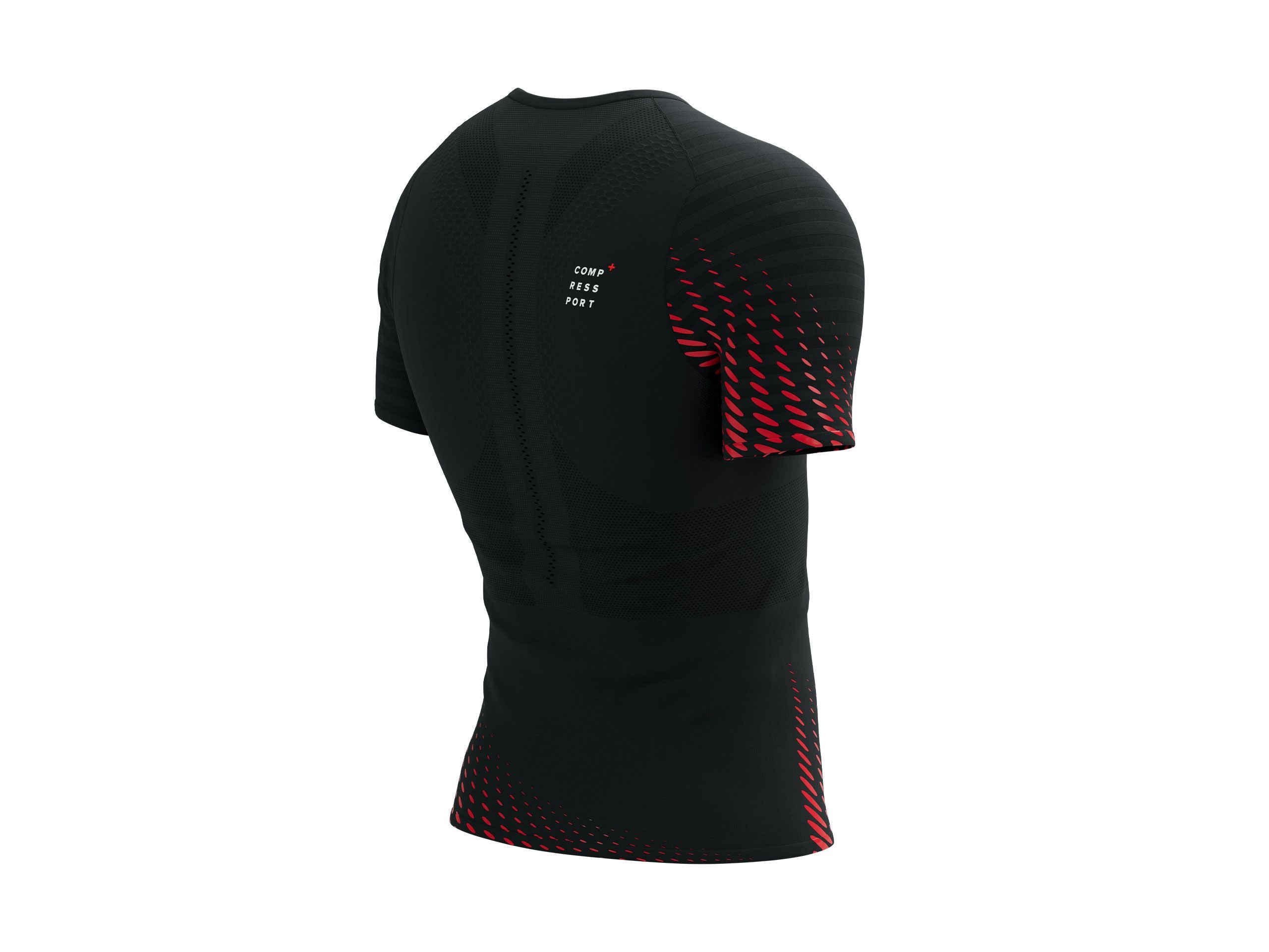 Compressport Men's Racing Short Sleeve Performance T-Shirt - Black/High Risk Red - Moisture Wicking, Breathable for Running, Cycling & Triathlon Training