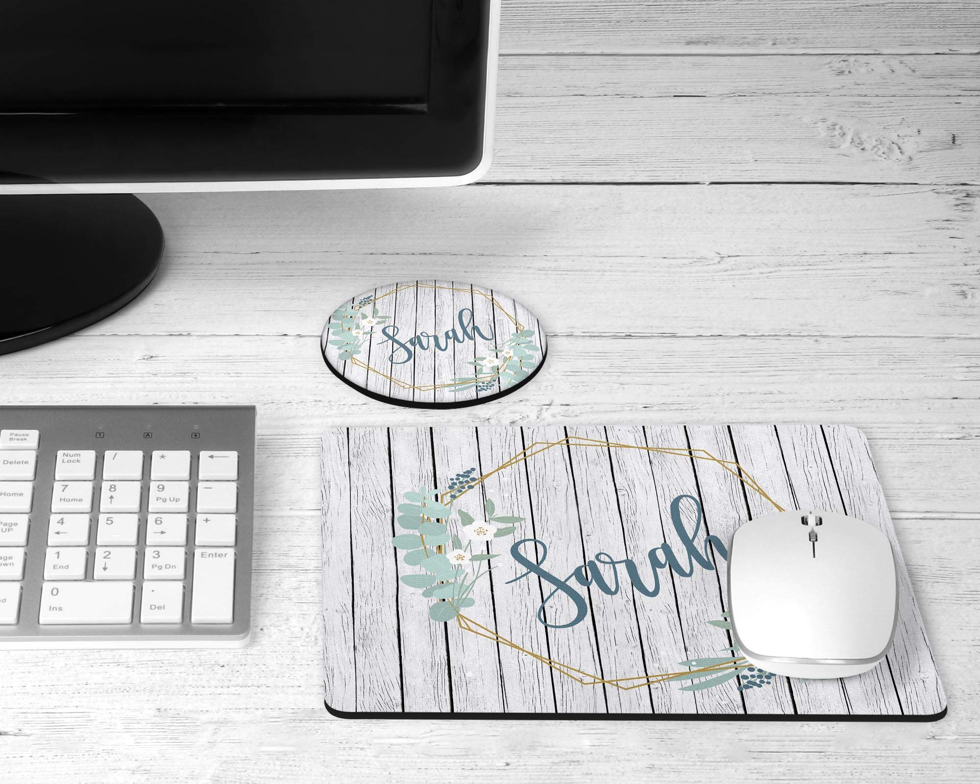 Personalized Wooden Desk Set with Barnwood Design - Mouse Pad & Coaster Gift Set for Office & Home | The Painted Pug | Perfect for Workstations, Home Offices & Gamer Setups