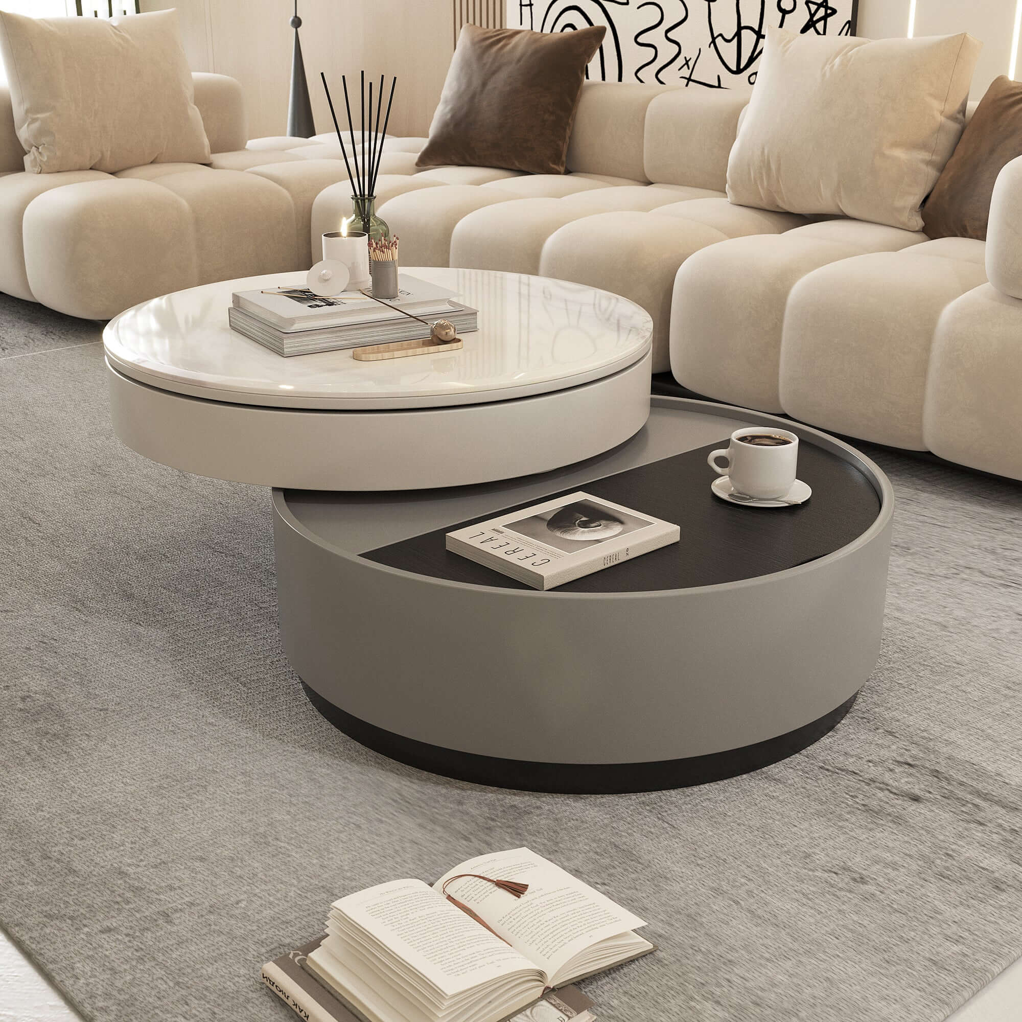 Rotating Round Coffee Table with Microcrystalline Stone Top - Modern Living Room Furniture for Home Decor & Entertainment