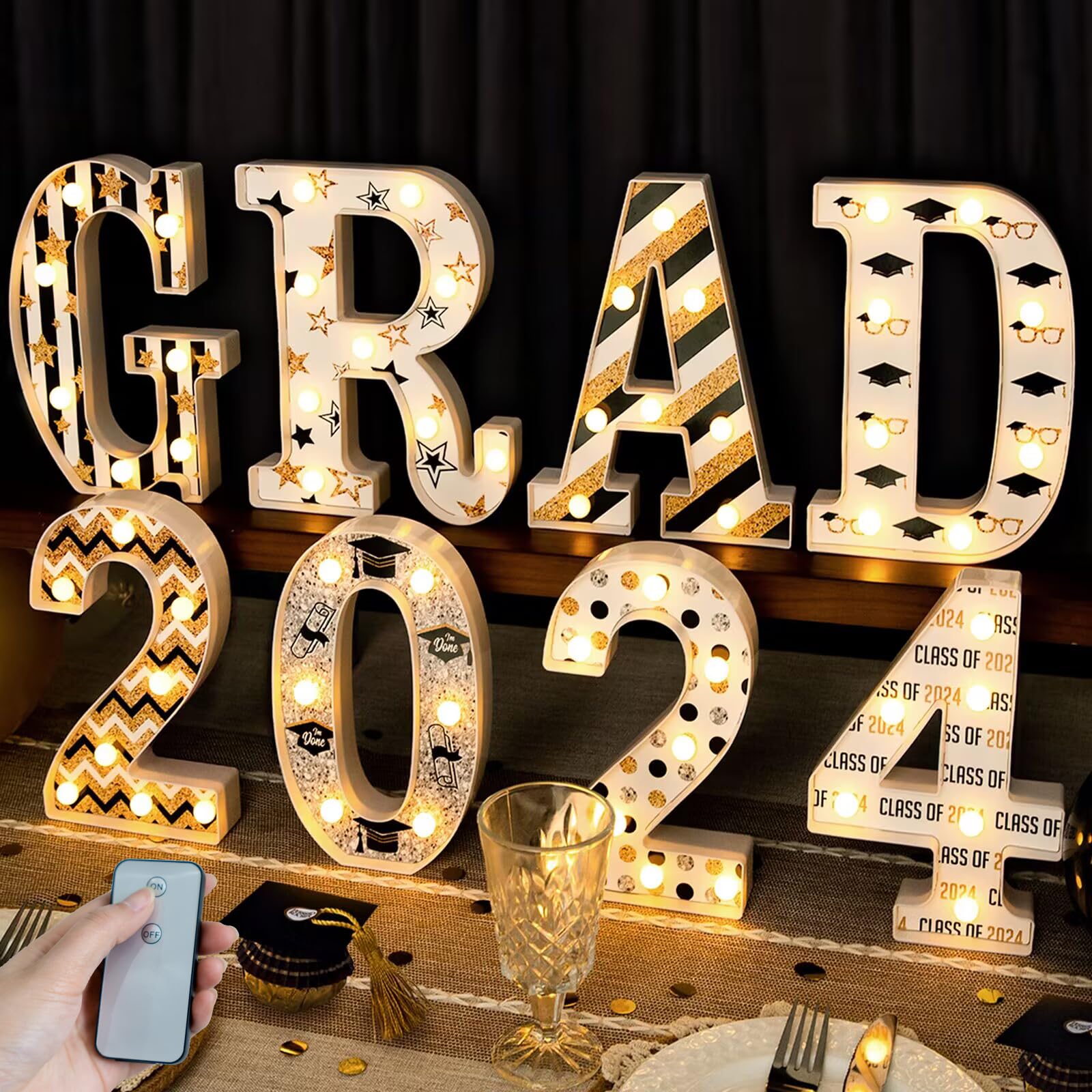 2024 Graduation Decorations - 8 LED Marquee Light Up Letters 'GRAD 2024' with Remote Control - Class of 2024 Graduation Party Decor for Kindergarten, Preschool, High School & College - Wall & Table Decorations for Graduation Ceremony, Party Supplies & Photo Booth Backdrop
