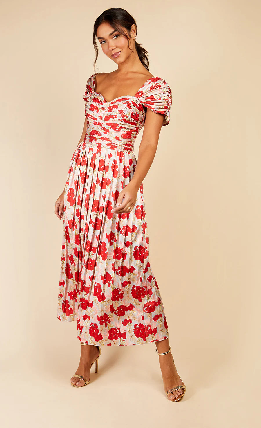 Jackson Pleated Midaxi Dress - Red Floral Print Summer Dress for Women, Perfect for Beach Vacations, Garden Parties & Date Nights