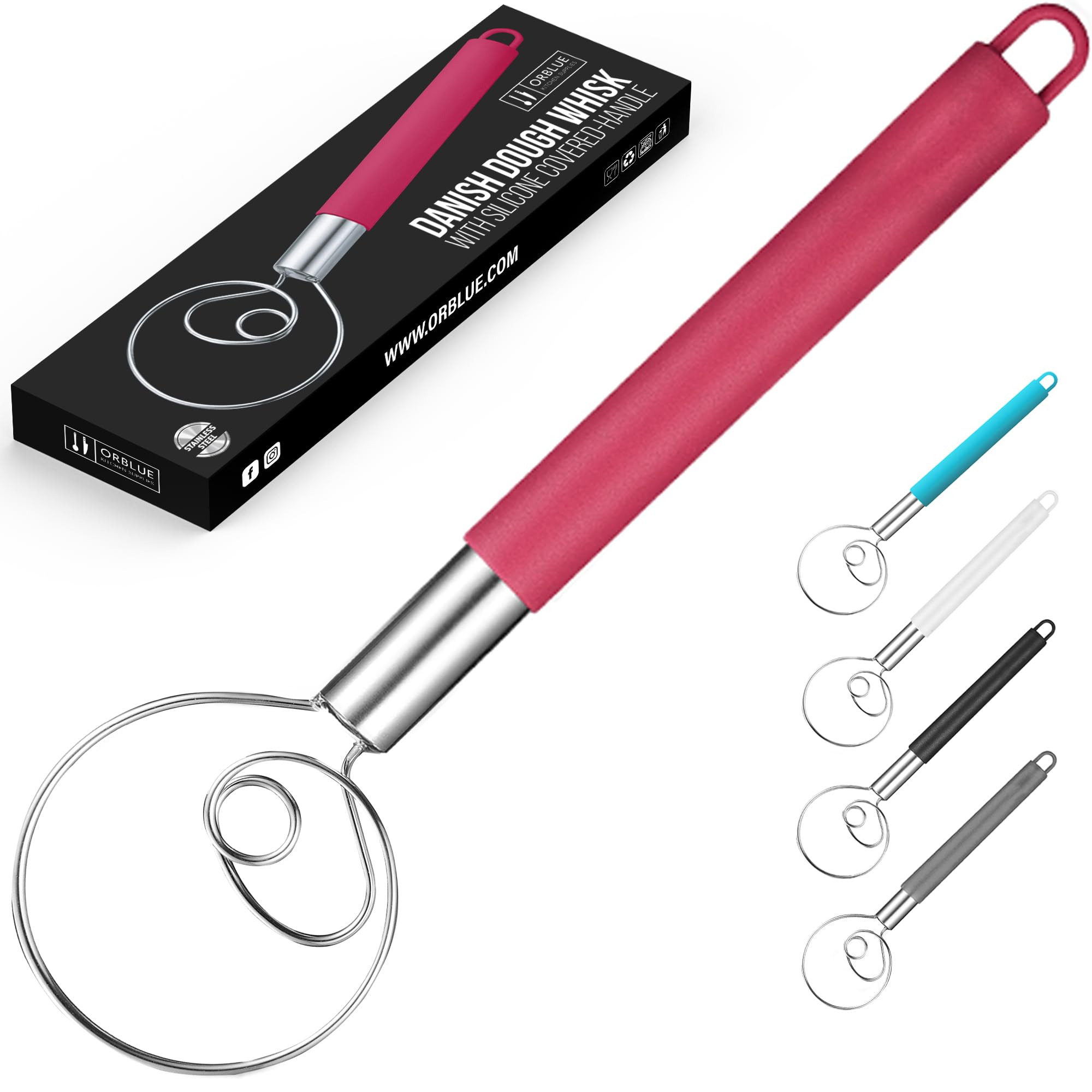 ORBLUE Danish Dough Whisk with Silicone Handle - Stainless Steel Mixing Tool for Baking Bread, Pastry & Cookies - Perfect for Kitchen, Home Baking & Professional Use (Rouge Red)