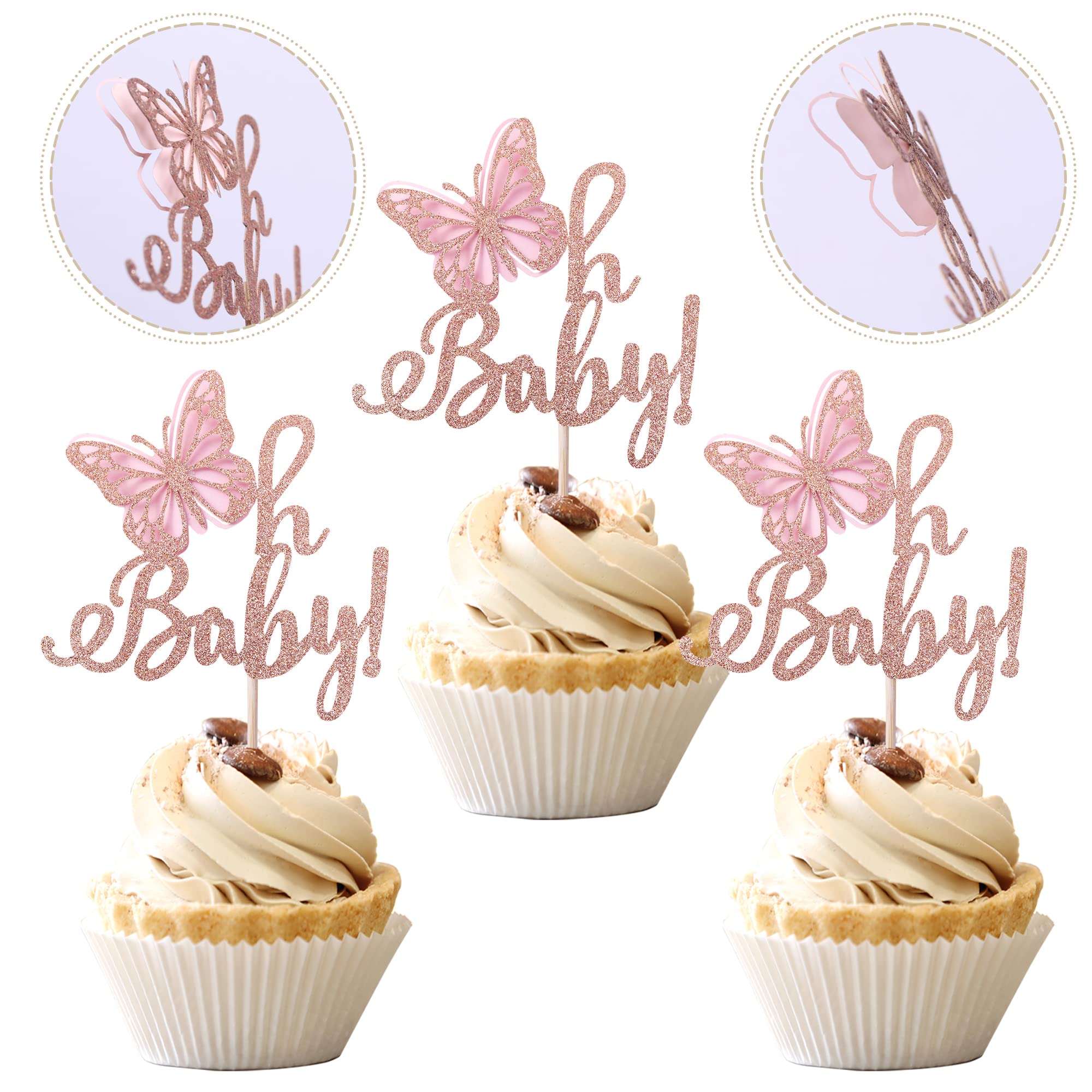24 Pack Butterfly Cupcake Toppers - Glitter Baby Shower & Birthday Party Decorations - Rose Gold Butterfly Cupcake Picks for Kids Birthday, Baby Shower Theme Party Supplies | Perfect for Wedding, Bridal Shower, Gender Reveal & Celebration Decor