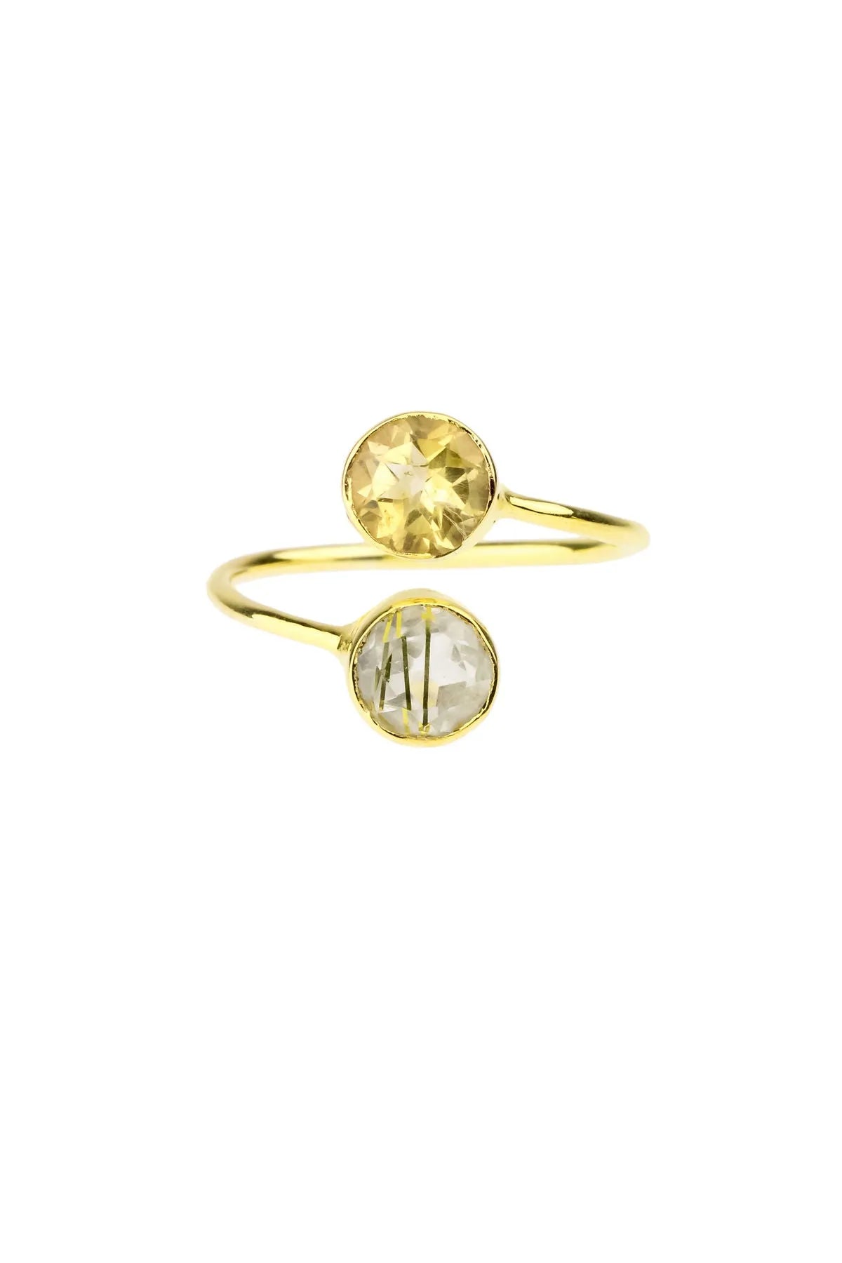 14K Gold Double Gem Ring with Citrine & Rutilated Quartz - Elegant Stackable Jewelry for Women, Perfect for Weddings, Anniversaries & Everyday Wear
