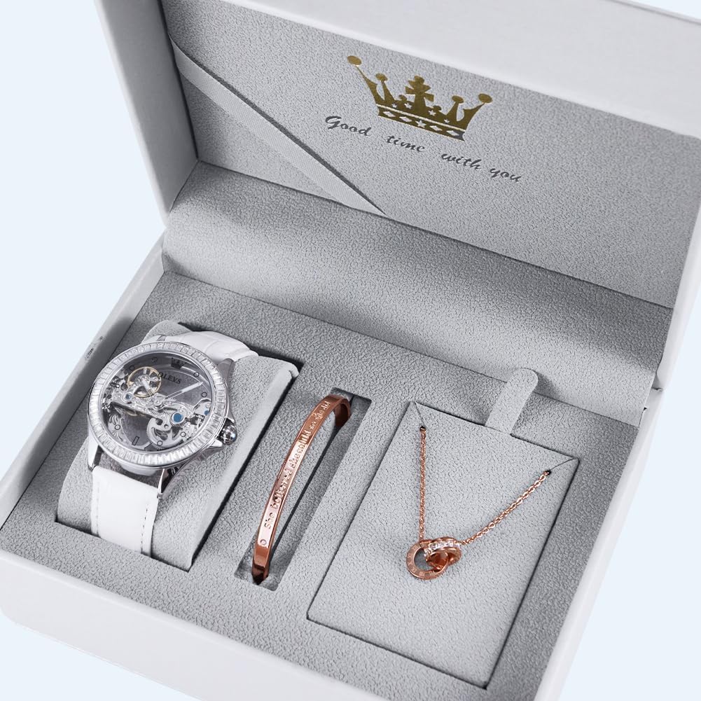 OLEVS Women's Luxury Skeleton Automatic Mechanical Watch - Silver Dress Watch with Waterproof & Luminous Features - Perfect Gift Set for Formal Occasions, Business Meetings & Special Events
