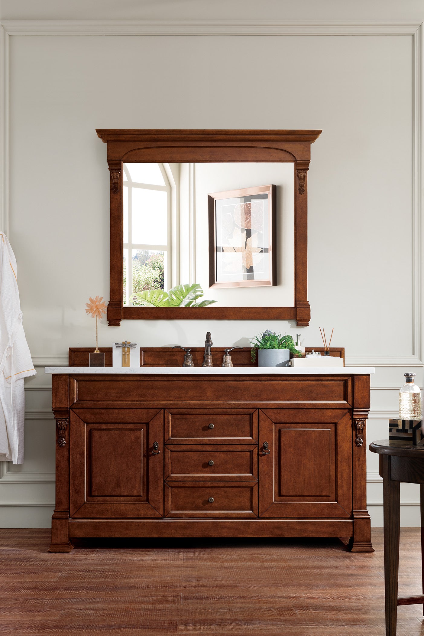 Brookfield 60 Inch Single Bathroom Vanity with Warm Cherry Finish & 3CM Eternal Jasmine Pearl Quartz Top - Perfect for Modern Bathroom Remodeling & Home Upgrade
