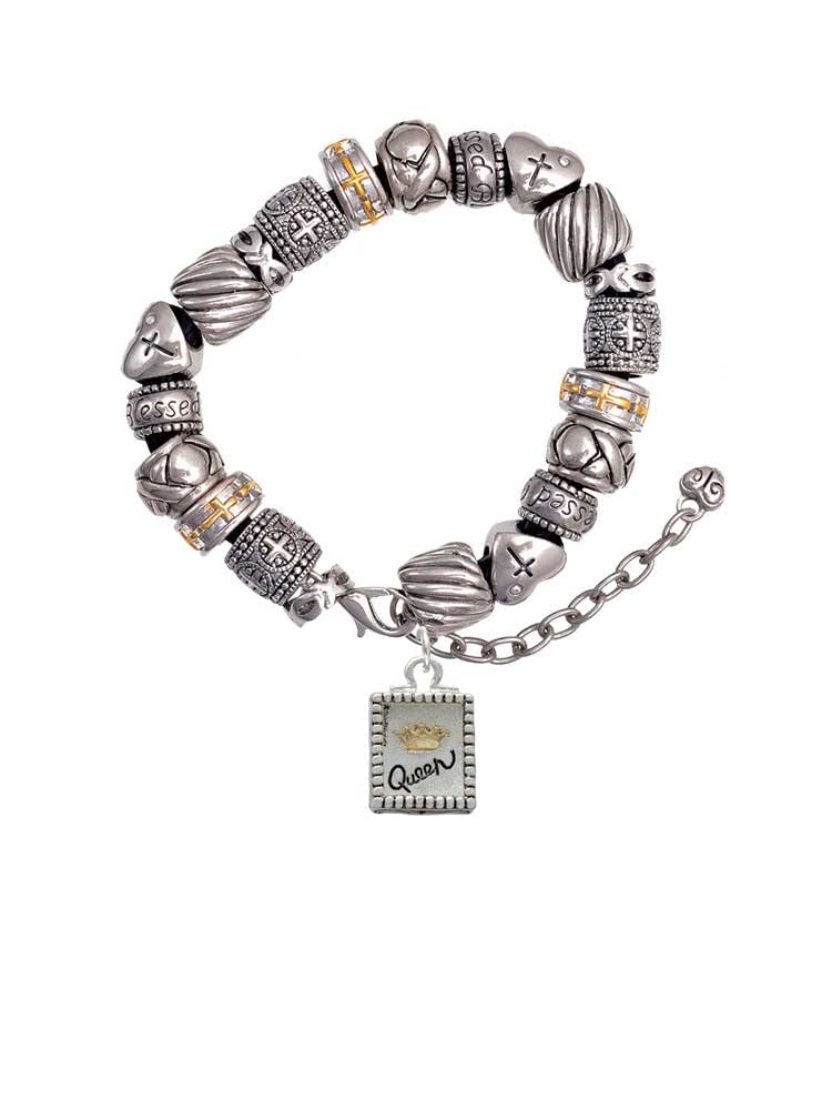 Delight Jewelry Shadow Box 'Queen' Goldtone Crown Silver Christian Bead Bracelet 7+2 Inches - Perfect for Gifts, Religious Occasions & Everyday Wear