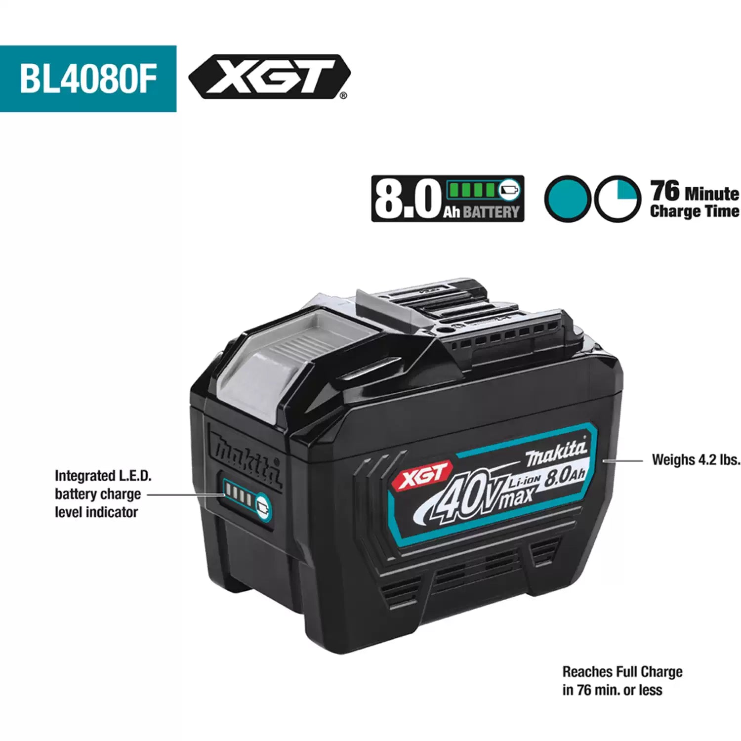 MAKITA BL4080F 40V MAX XGT (8.0Ah) Lithium-Ion Battery - Power Tool Battery Replacement for Cordless Drills, Saws & Outdoor Equipment