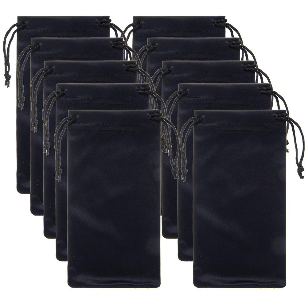 EMAAN 10 Pack Black Microfiber Drawstring Bags for Sunglasses, Eyeglasses & Gadgets Storage - Dustproof Protective Pouch for Travel, Home & Office Organization