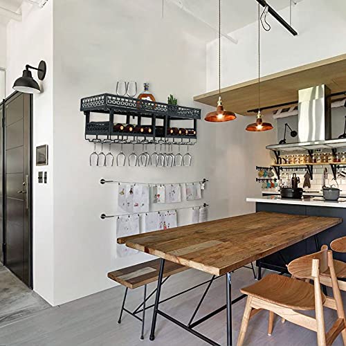 TFCFL Industrial Wall-Mounted Wine Rack & Glass Holder - Double Layer Metal Storage Shelf for Kitchen, Bar, Restaurant - Rustic Wrought Iron Display Organizer for Wine Bottles, Stemware & Decor - Perfect for Home Entertaining & Commercial Use