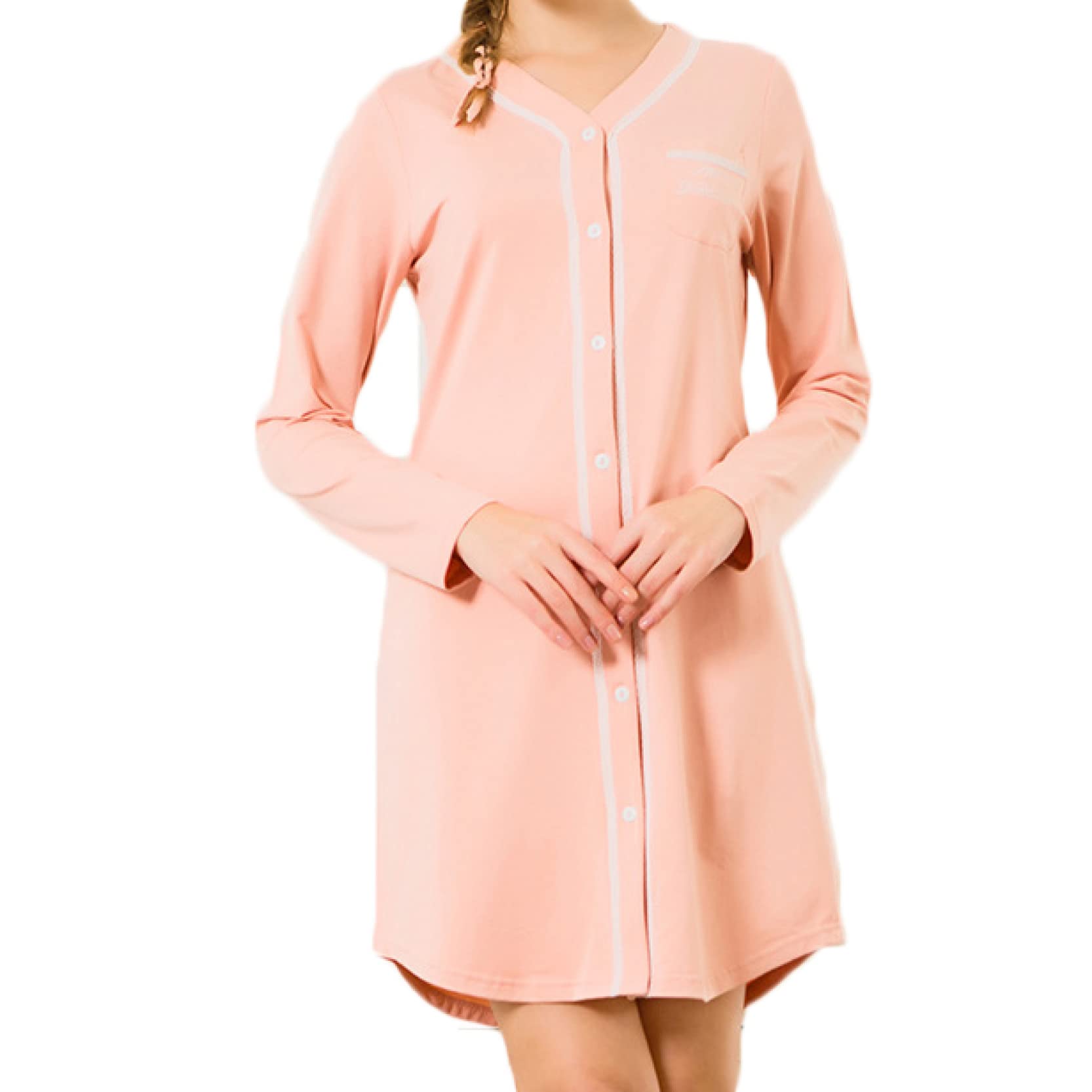 Soft Cotton Pajama Set for Women - Button Down V-Neck Long Sleeve Nightgown & Lounge Wear | Comfortable Sleepwear for Nighttime & Relaxing at Home