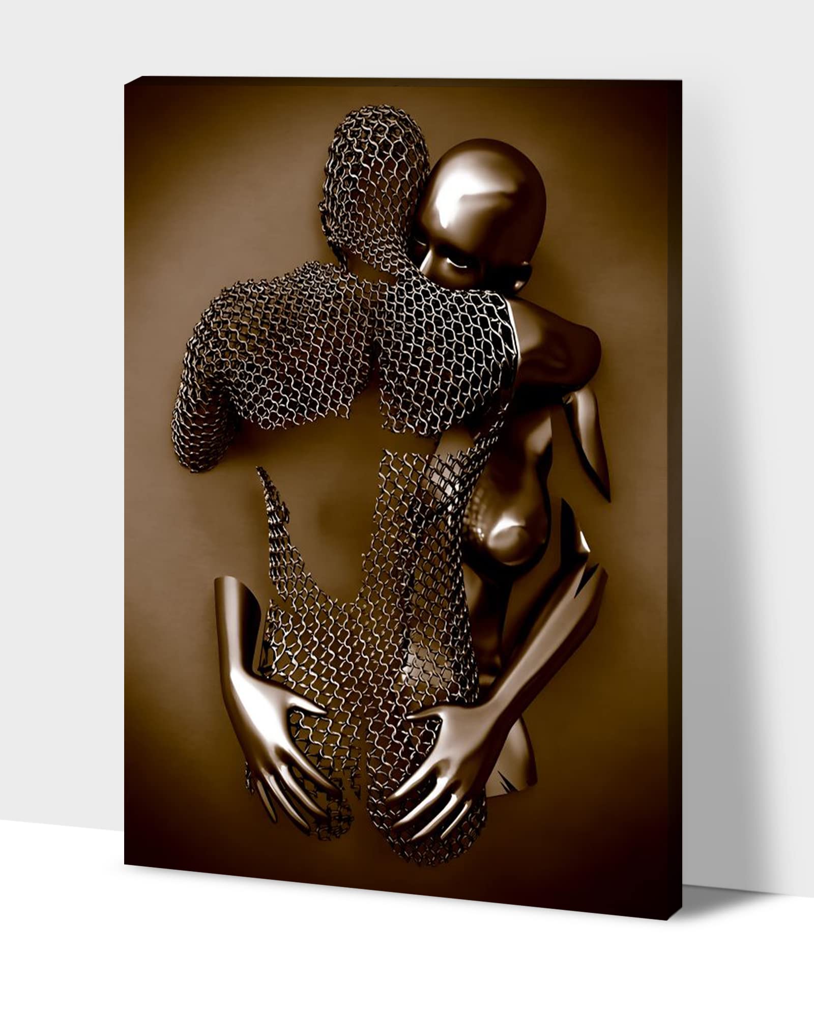 3D Metal Effect Love Heart Gray Canvas Wall Art - Romantic Hugging Couple Painting for Bedroom & Living Room Decor - Valentine's Day Gift for Couples (32x48 Inches) - Perfect for Anniversary, Wedding & Home Interior Design