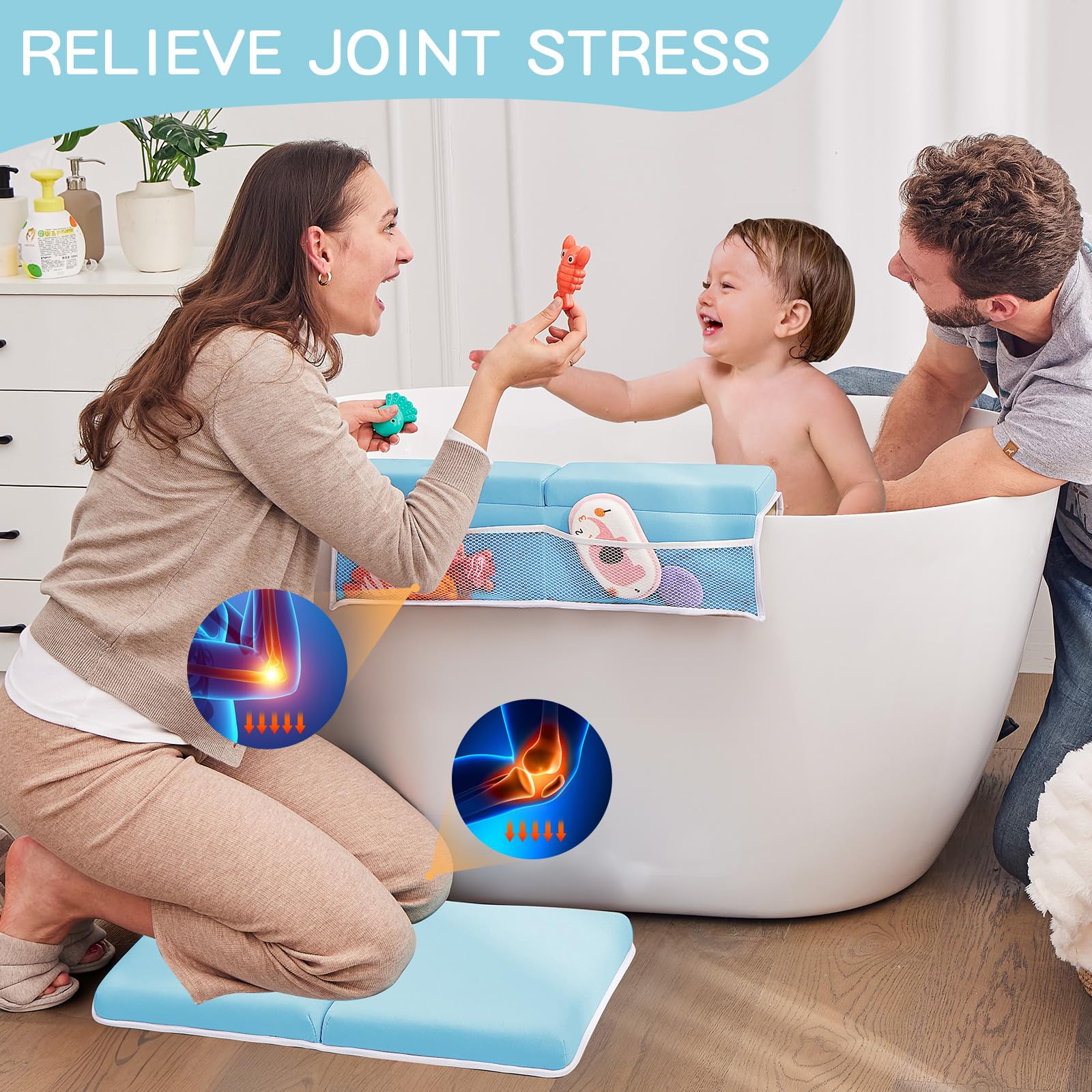 **ILPEOD Baby Bath Kneeler & Elbow Rest Pad Set – Thick Soft Memory Foam, Quick-Dry Bathtub Mat for Safe Baby Bathing | Non-Slip, Waterproof & Toy Organizer | Perfect Baby Shower Gift for Parents (Blue)**    *Ideal for stress-free bath time, nursery safety, and keeping baby essentials organized.*