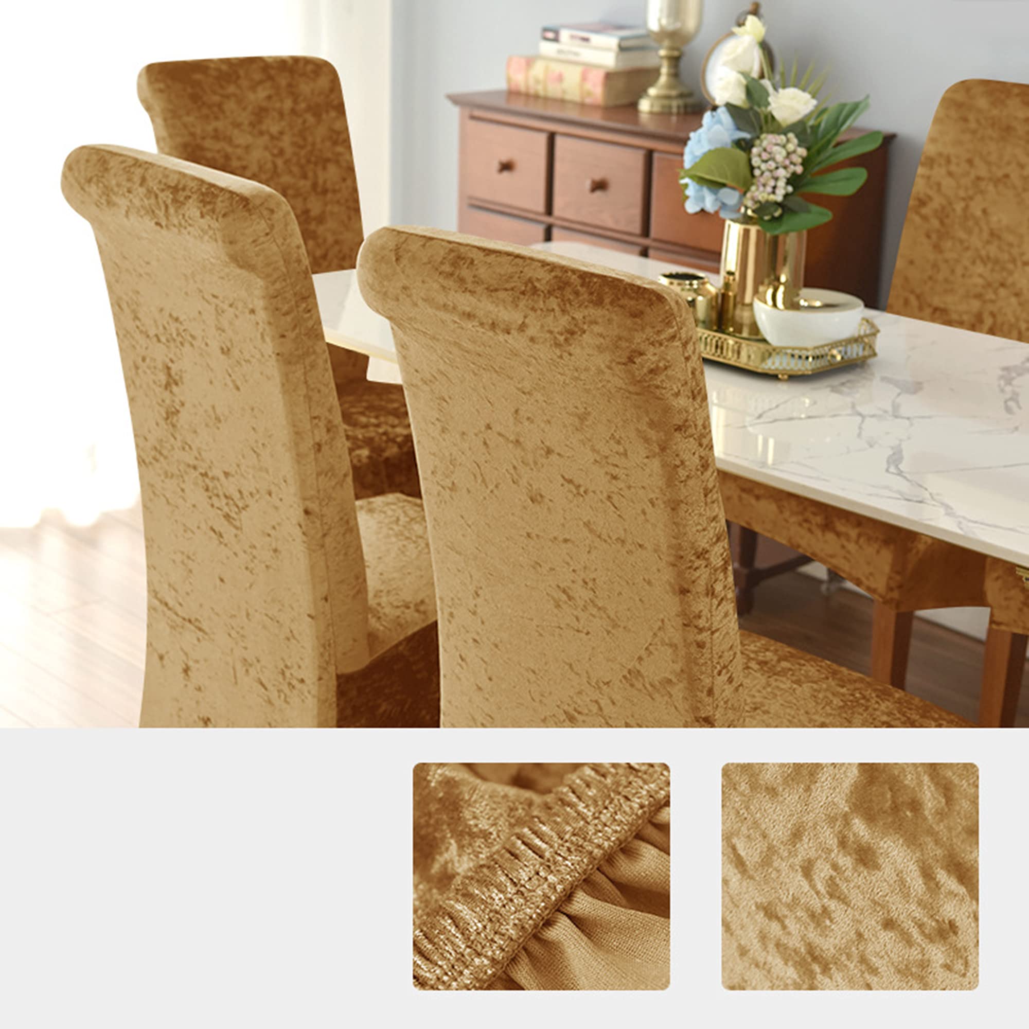 2 Pack Crushed Velvet Dining Chair Covers - Stretchable Slipcovers with Elastic Edge, Washable Seat Protectors for Wedding & Home Decor (Champagne) | Perfect for Dining Rooms, Events & Furniture Protection