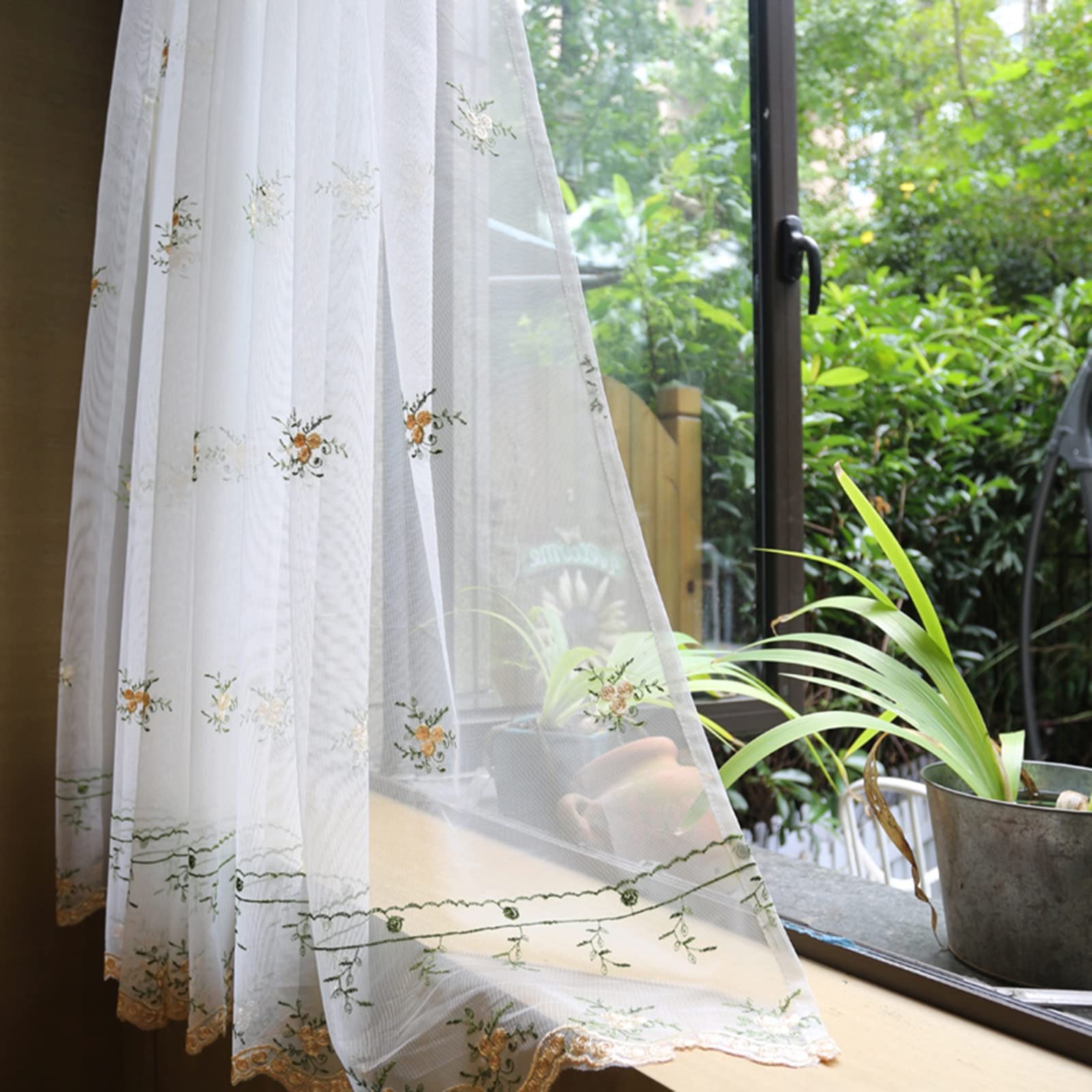 V3VOGUE Yellow Bud Embroidered Semi-Sheer Kitchen Curtains - 1 Panel Café Valance Window Drape for Bistro, Home & Door Decor | Rustic Farmhouse Style for Kitchen Windows, French Doors & Breakfast Nooks