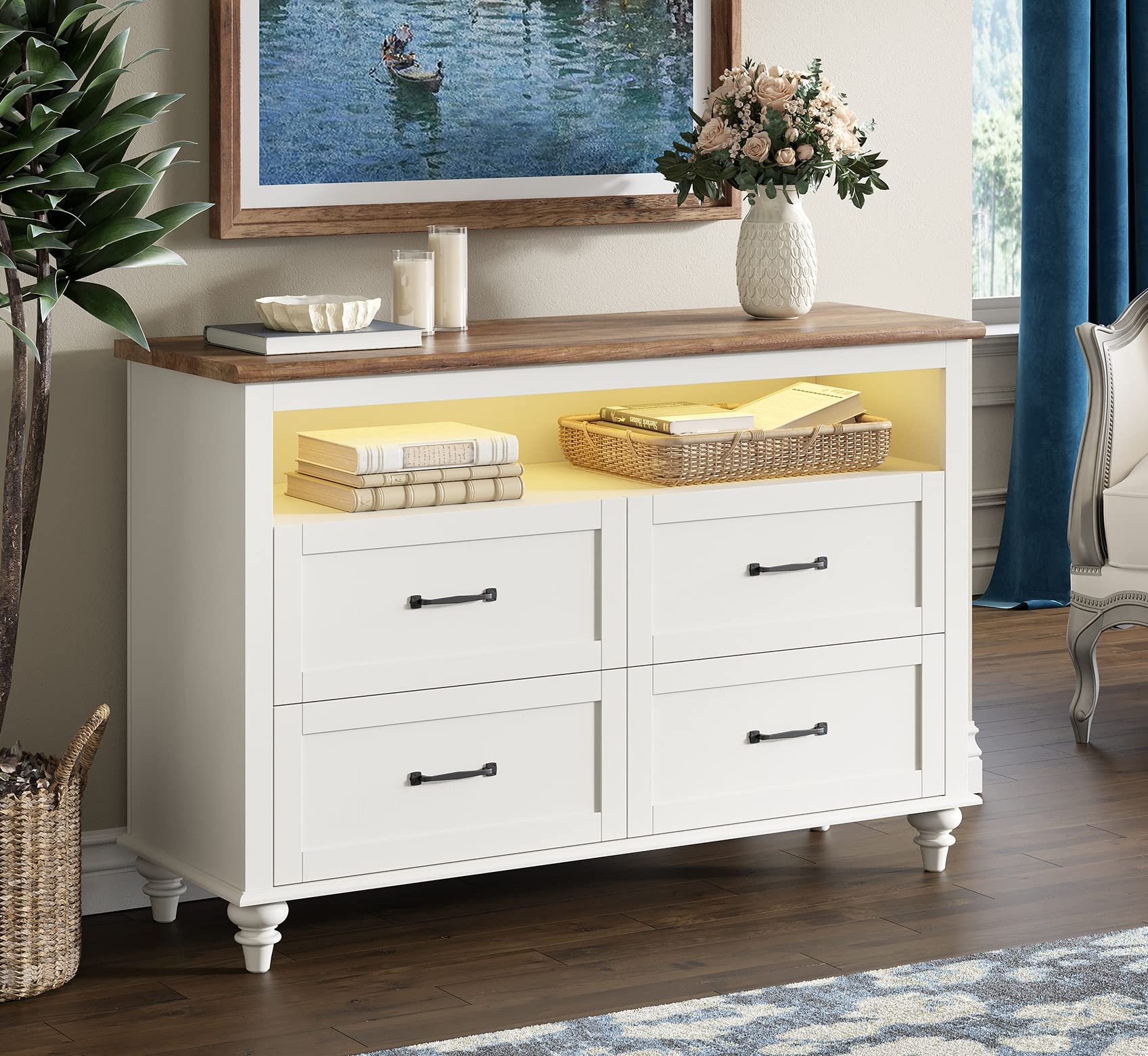WAMPAT White Mid Century Modern Dresser with 4 Drawers & LED Lights - Wooden Storage Cabinet with Metal Handles for Bedroom, Kids Room & Living Room - Perfect for Organizing Clothes, Toys & Home Decor