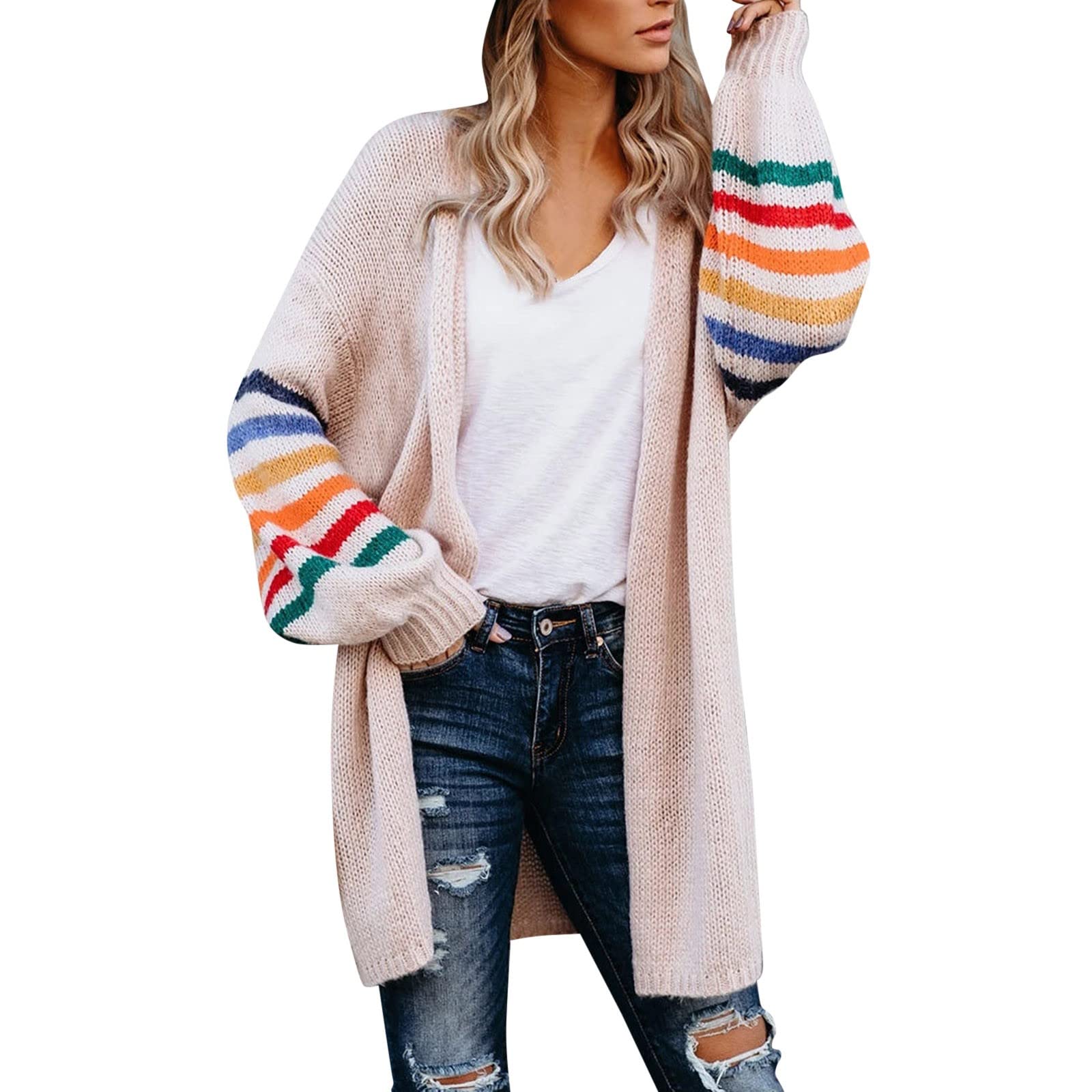 Plus Size Women's Winter Overcoat - Rainbow Stripe Print Long Sleeve Open Front Wrap Cardigan | Warm & Stylish Outerwear for Casual Wear, Office, and Holiday Outfits