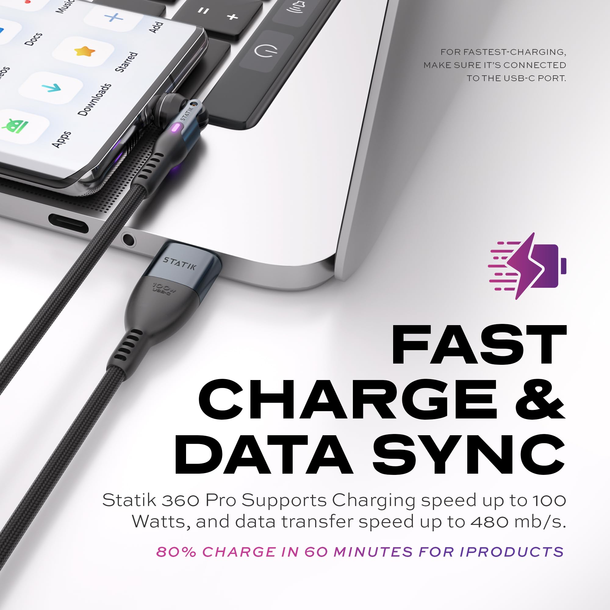 STATIK 360 Pro Magnetic Phone Charger Cable - 3-in-1 Fast Charging Cable with Type C, Micro USB & Lightning Connectors (1M/3FT, Black) - Perfect for Home, Office & Travel Charging Needs