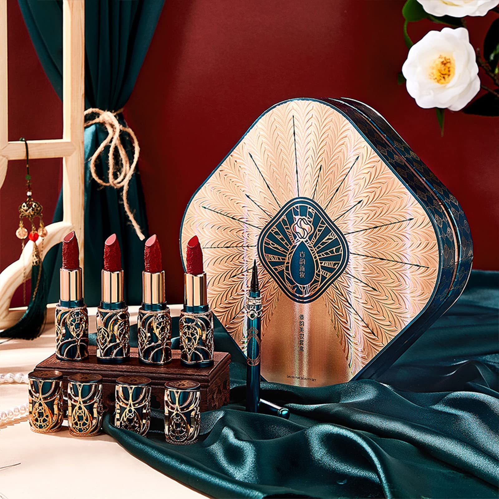 Oriental Ethnic Style Beauty Set - 4 Lipsticks & 1 Eyeliner (3ML) | Perfect Gift for Women | Makeup Palettes for Party, Wedding & Special Occasions