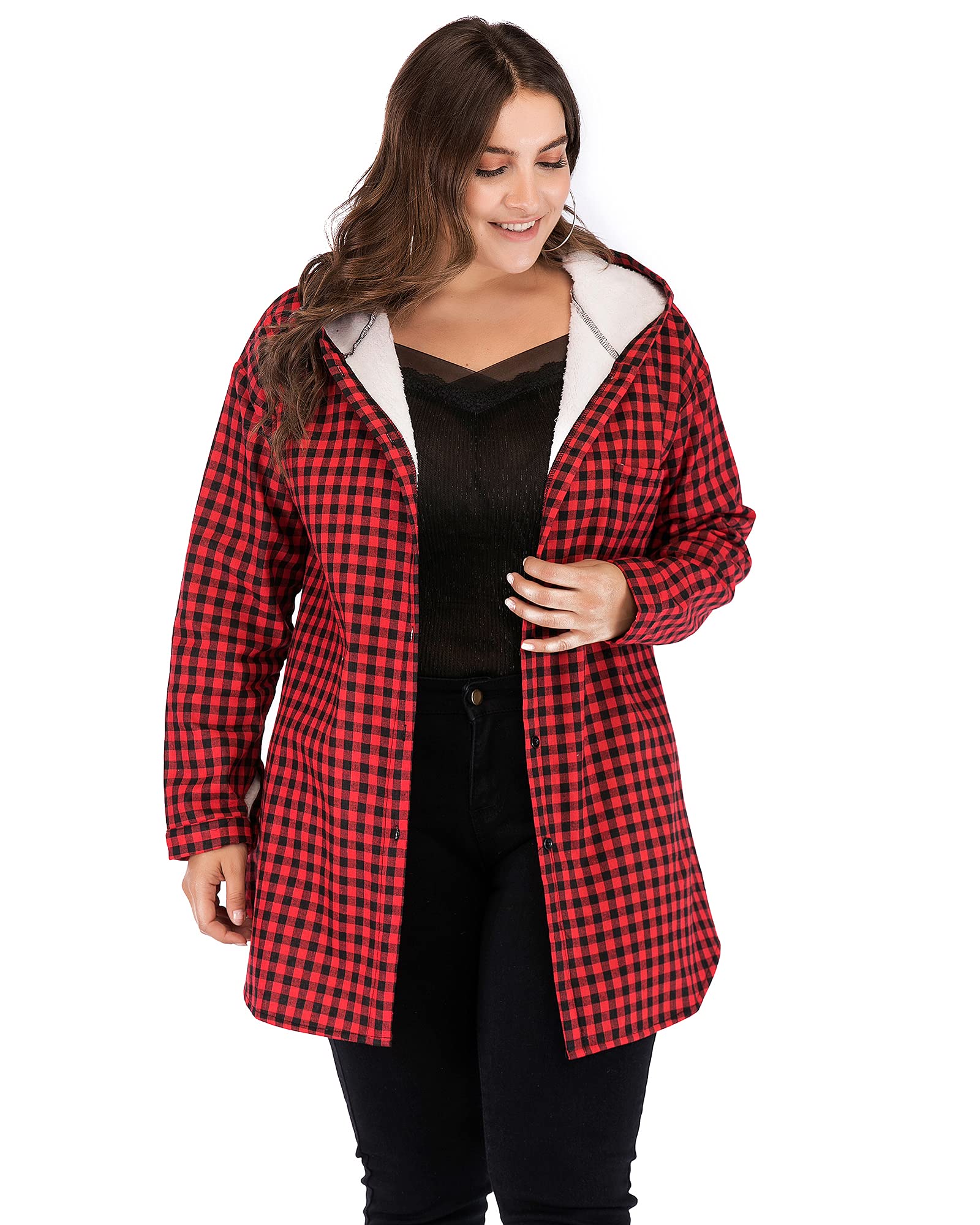 Women's Winter Warm Fleece Lined Jacket - Front Button Red Plaid Hooded Coat for Outdoor Activities & Casual Wear
