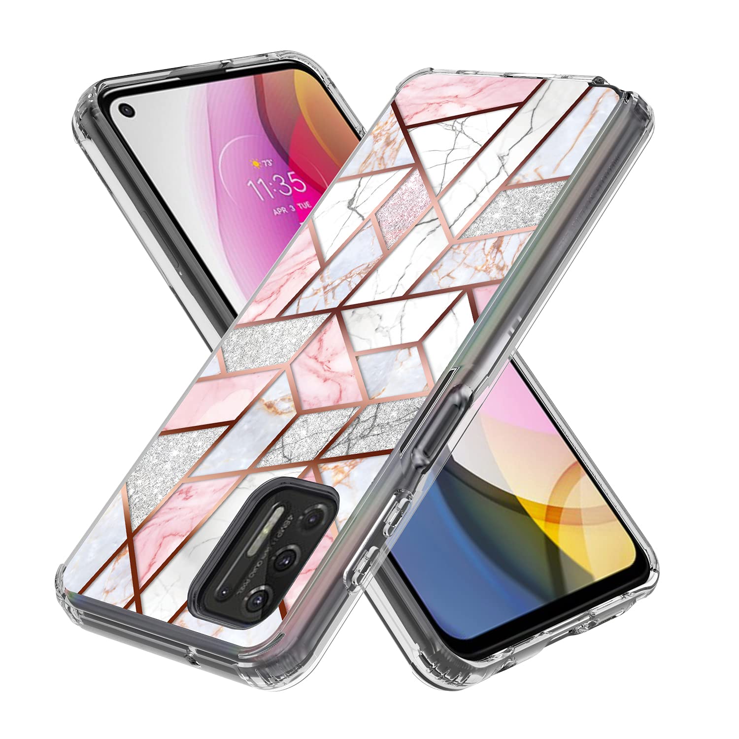 Rosebono Moto G Stylus 2021 Case - Hybrid Bling Glitter Sparkle Laser Pink with Polygon Geometric Marble Design | Fashionable Protective Cover for Women & Teens | Perfect for School, Work & Daily Use