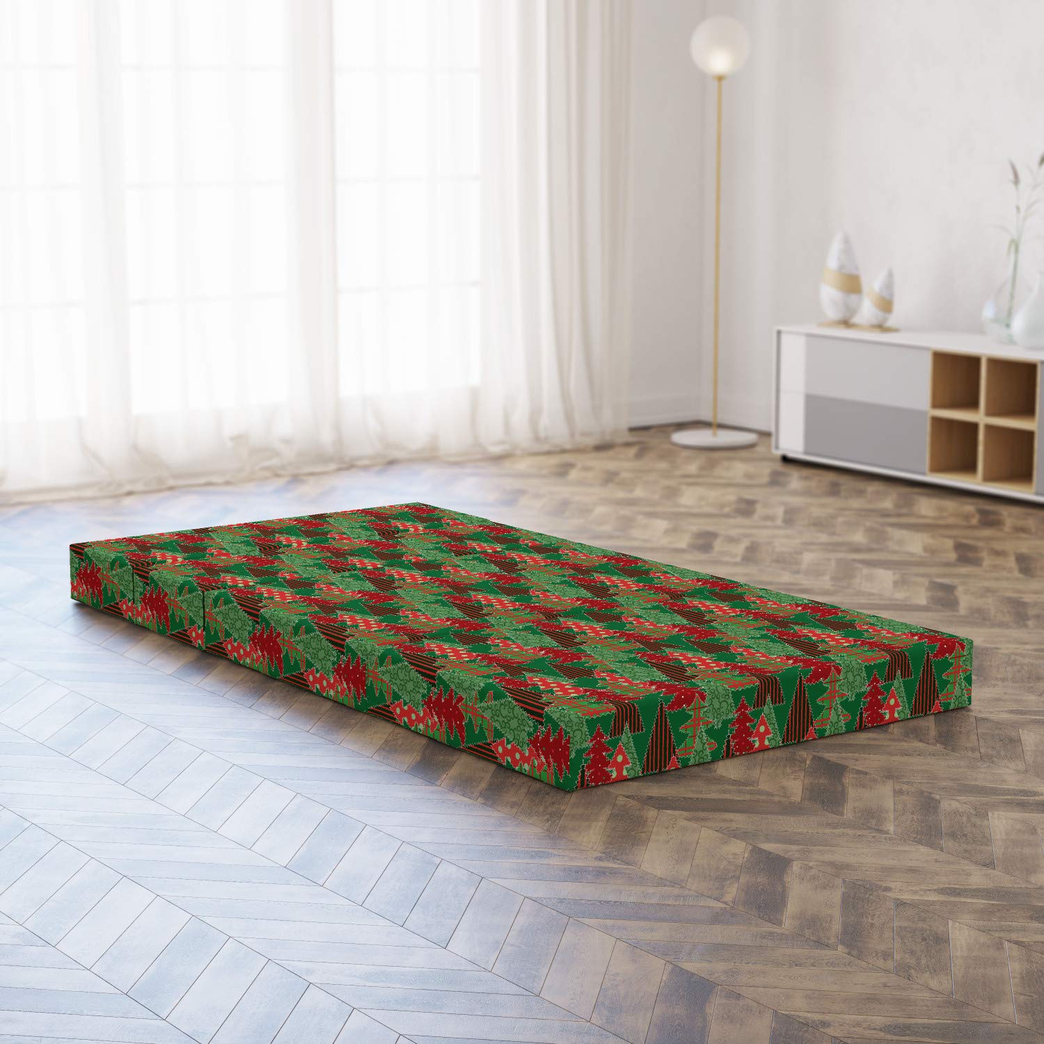 Ambesonne Christmas Foldable Mattress - Tree Pines Swirl Dot Design - 74.8