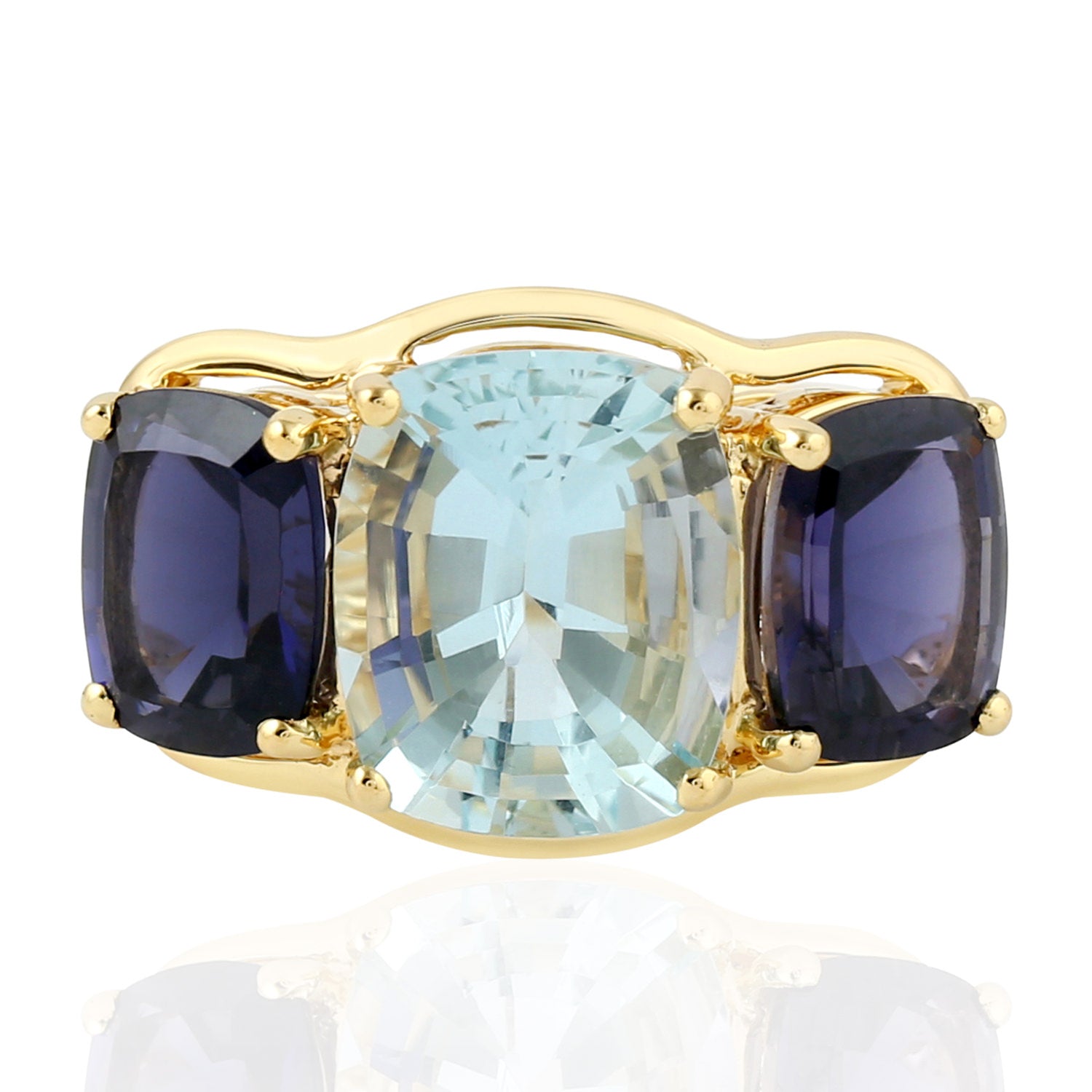 Exquisite Cushion Cut Aquamarine & Iolite Three-Stone Yellow Gold Ring for Engagement, Anniversary & Special Occasions