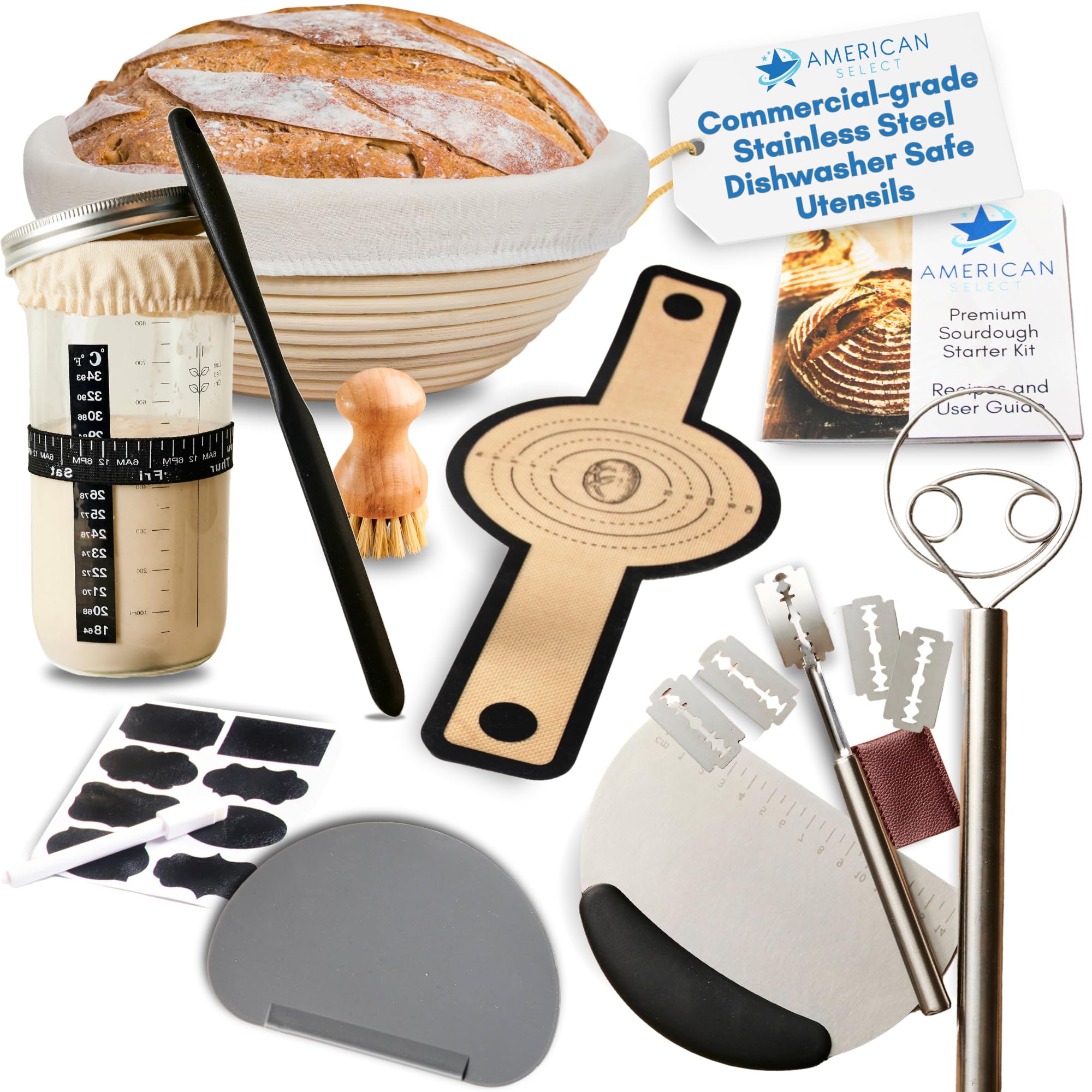 23-Piece Complete Sourdough Starter Kit with Banneton Proofing Basket, 800ml Glass Jar, Bread Lame, Danish Whisk & Sling - Perfect for Homemade Artisan Bread Baking & Gift for Bakers