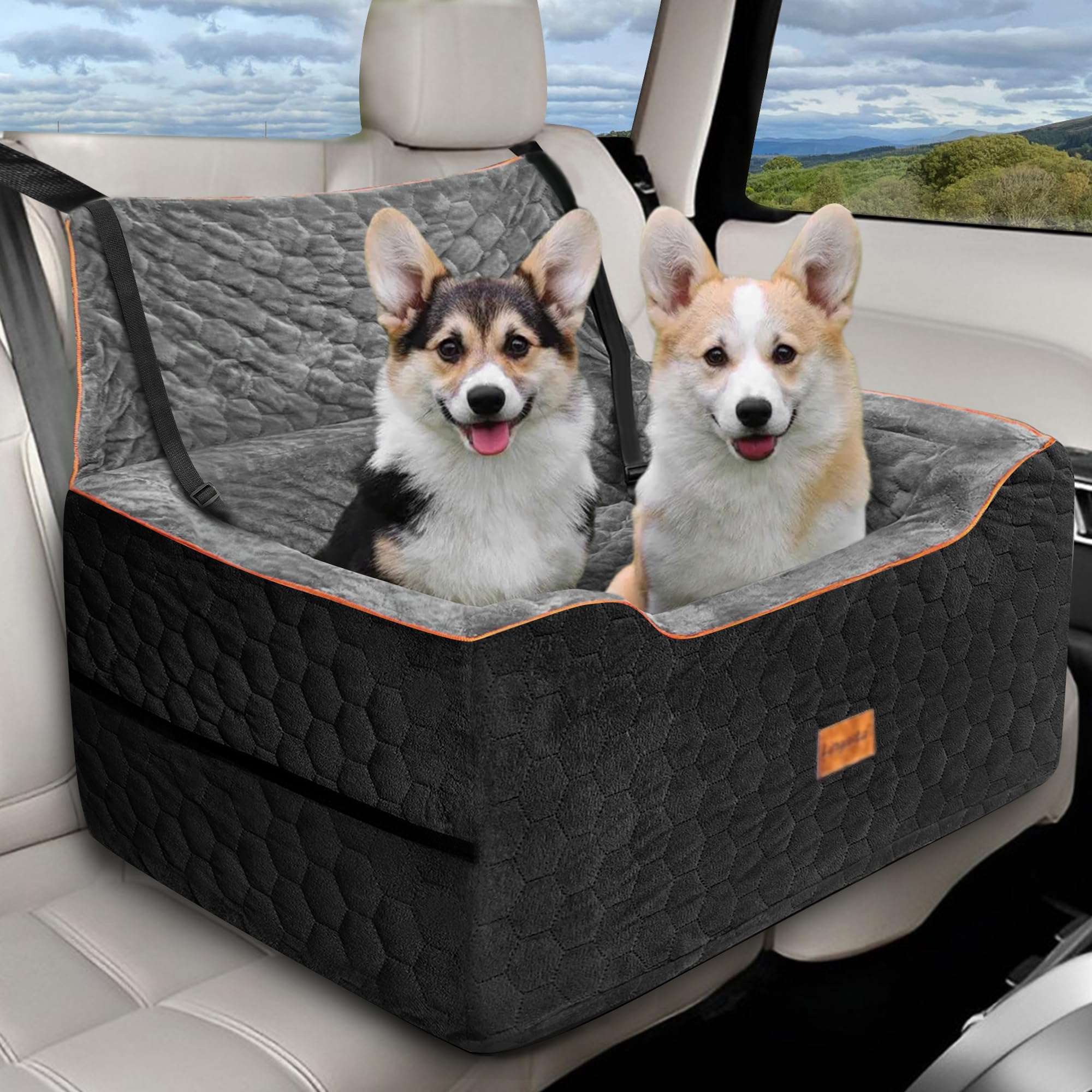**Premium Washable Dog Car Seat for Medium & Large Dogs up to 60 lbs – Thick Cushion Booster Seat with 2 Safety Leashes (Black/Gray) – Perfect for Road Trips, Vet Visits & Daily Commutes**