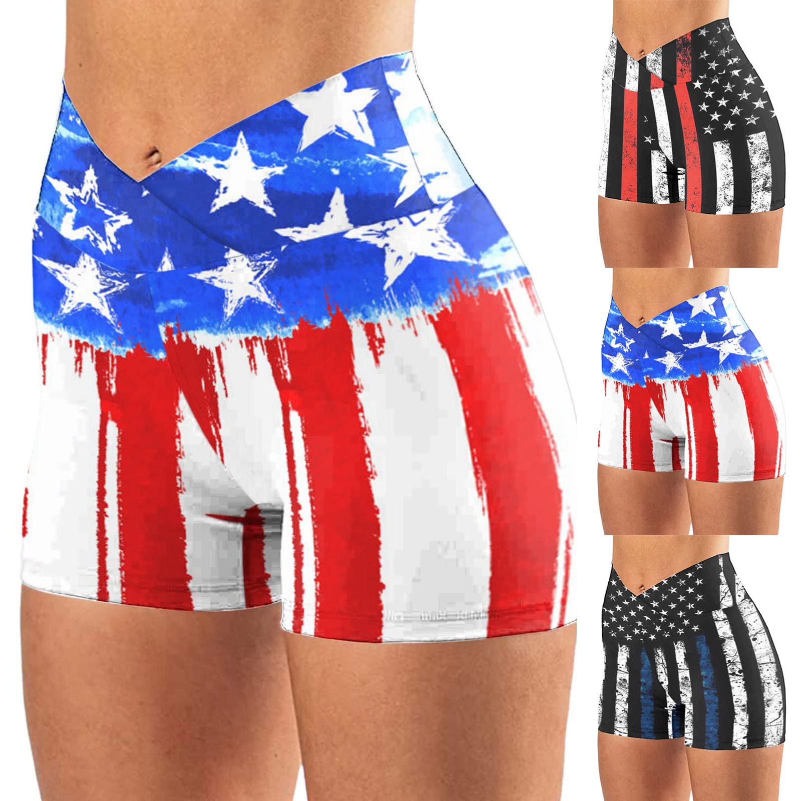 Women's High Waisted Yoga Shorts - Patriotic USA Flag Design for 4th of July, Cross Waist Workout Biker Running Sport Shorts | Perfect for Yoga, Gym, Running & Outdoor Activities