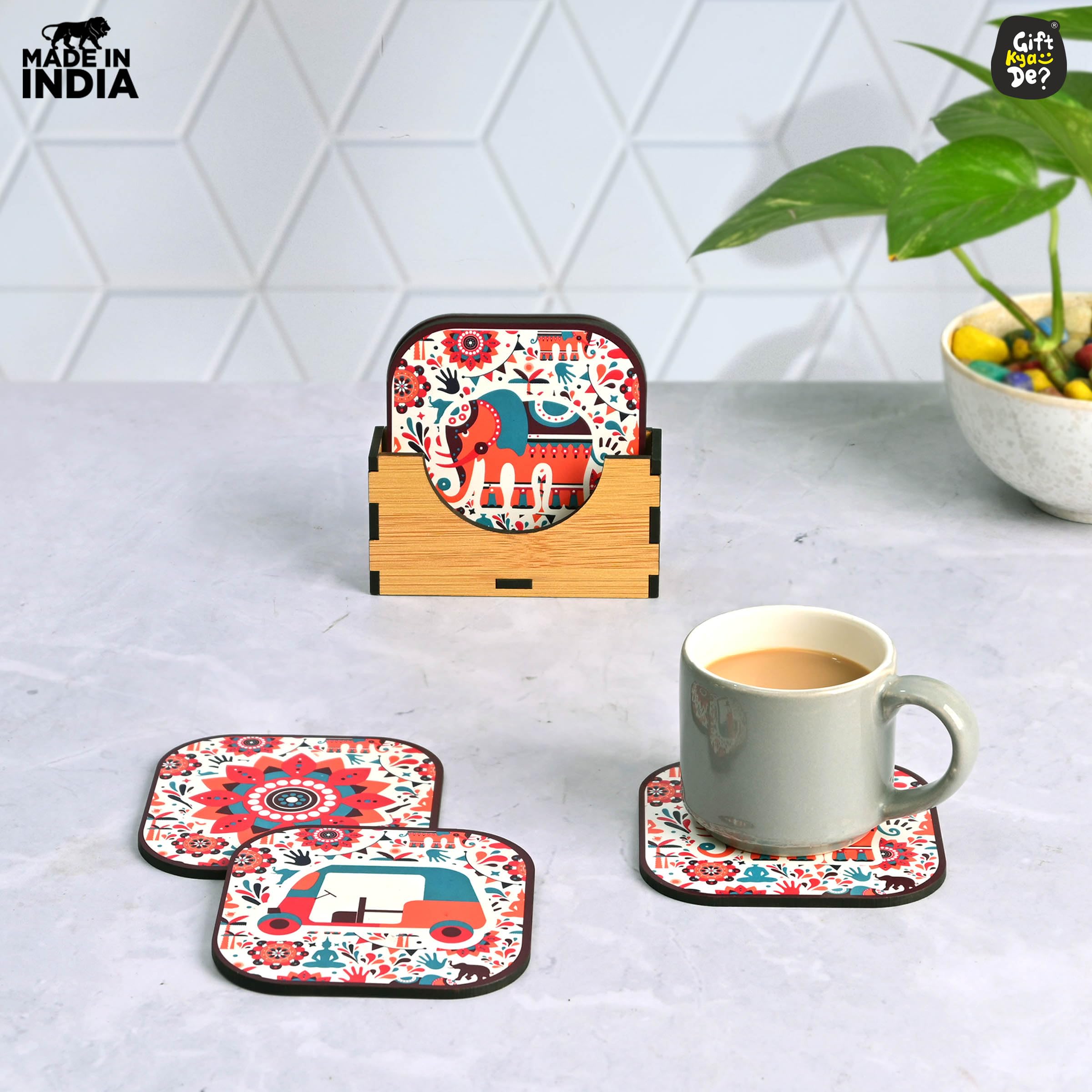 GKD Set of 6 Vibrant India-Themed Wooden Coasters - 3.8x3.8 Inch Square Eco-Friendly Drink Coasters for Tea Cups, Coffee Mugs & Glasses - Perfect for Home, Office & Restaurant Use