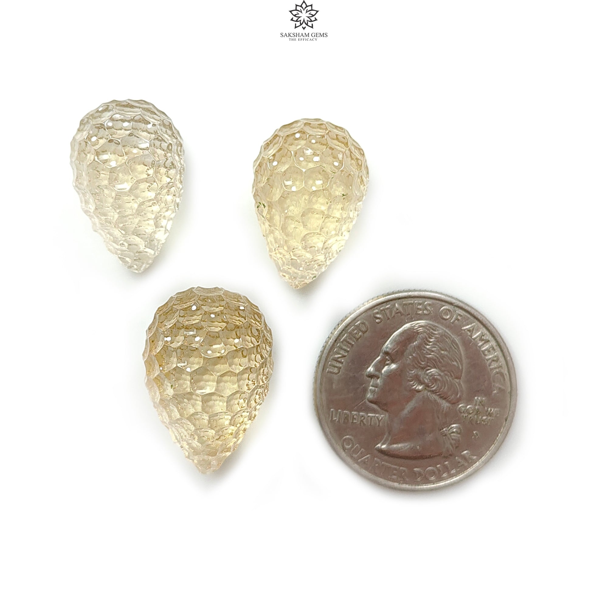 Natural Untreated Yellow Citrine Gemstone Carving - 66.90cts Hand Carved Teardrop Shape 20mm x 23mm (3pcs Set) | November Birthstone Jewelry Making Supplies for Necklaces, Earrings & DIY Crafts