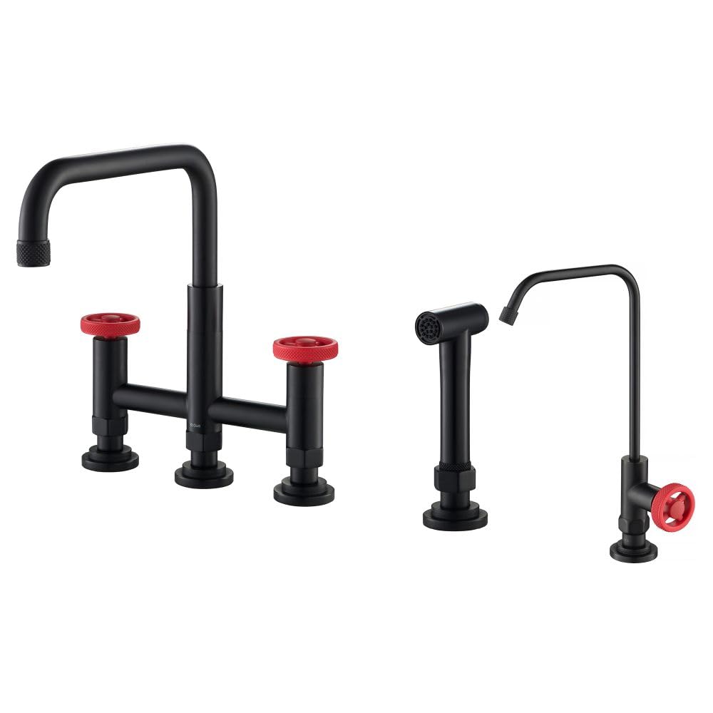KRAUS Urbix Industrial Bridge Kitchen Faucet with Water Filter - Matte Black & Red Finish | KPF-3125-FF-101MBRD | Perfect for Modern Farmhouse & Industrial Style Kitchens