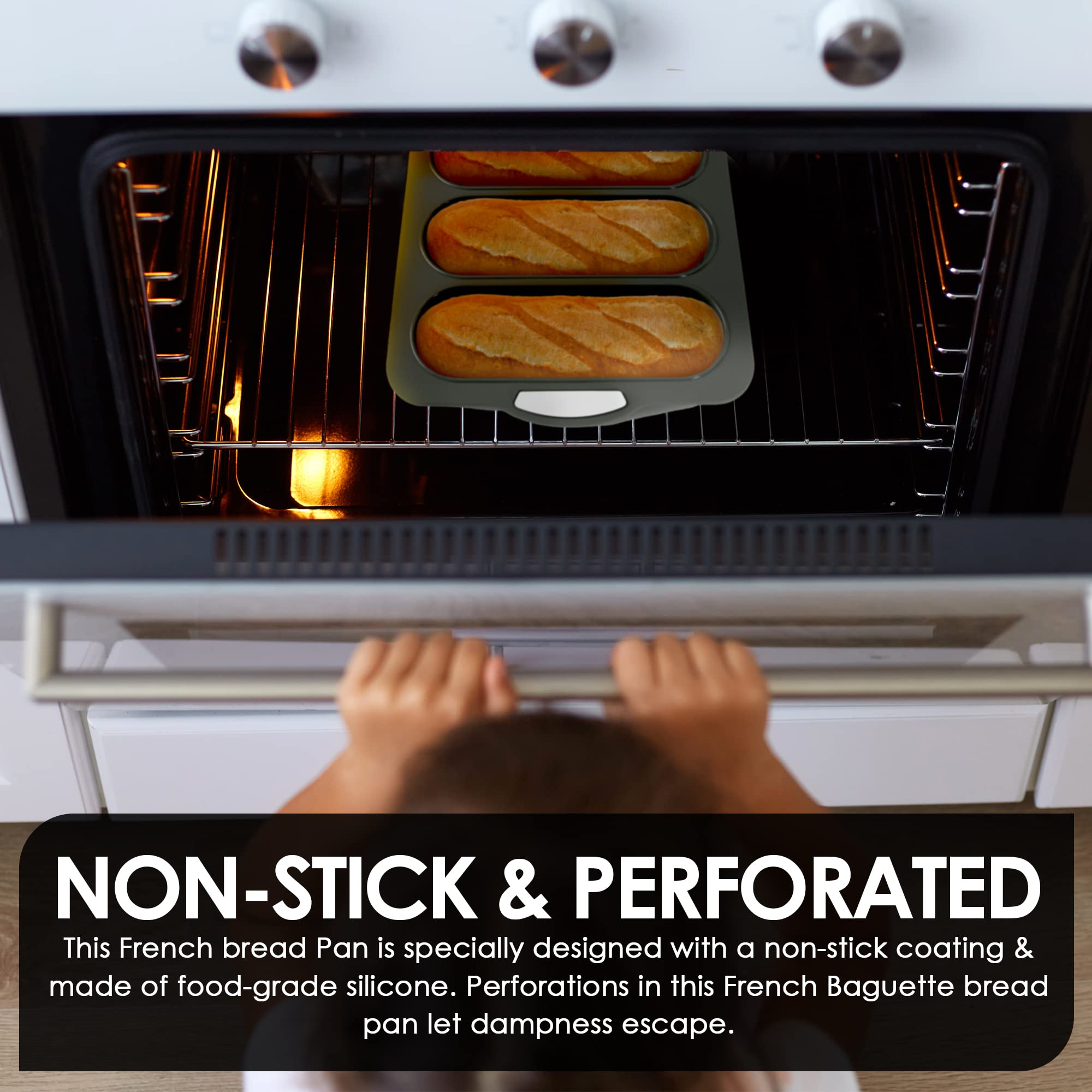 Nonstick French Bread Baking Pan Set - Perforated Baguette Tray for Sourdough, Rolls & Artisan Loaves | Silicone Proofing Rack & Loaf Mold (Dark Gray) | Perfect for Home Baking, Restaurants & Bread Making Gifts