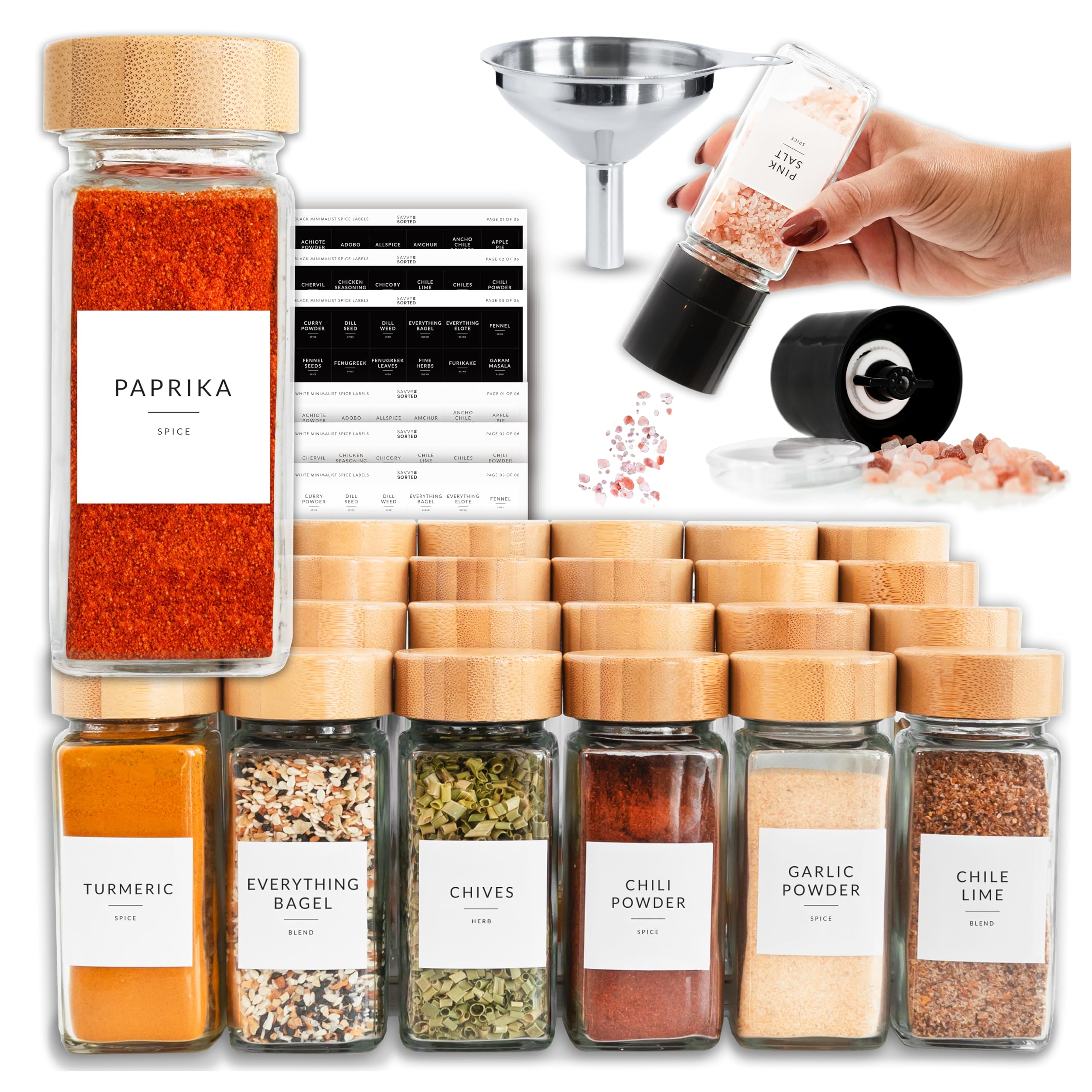 SAVVY & SORTED 24-Piece Glass Spice Jars Set with Bamboo Lids - 4oz Empty Herb & Seasoning Containers with 374 Spice Labels, Pepper Grinder, Funnel & Shaker Lids - Perfect for Kitchen Organization, Spice Storage & DIY Seasoning Gifts