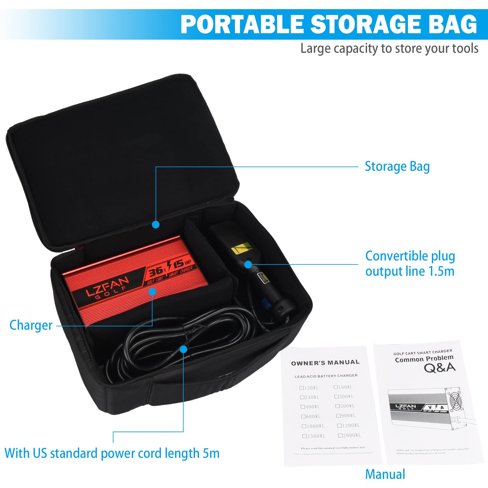 36V Golf Cart Battery Charger 15AMP for EZGO TXT - D Style Plug with Extended Power Cord & Protective Case | Fast Charging for Golf Carts, Perfect for Home, Course & Storage Use