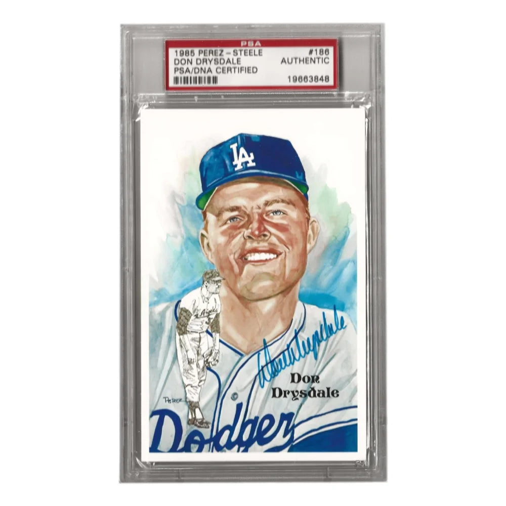 Don Drysdale Autographed 1985 Perez Steele #186 Post Card with PSA COA - Los Angeles Dodgers Memorabilia for Sports Collectors and Fans