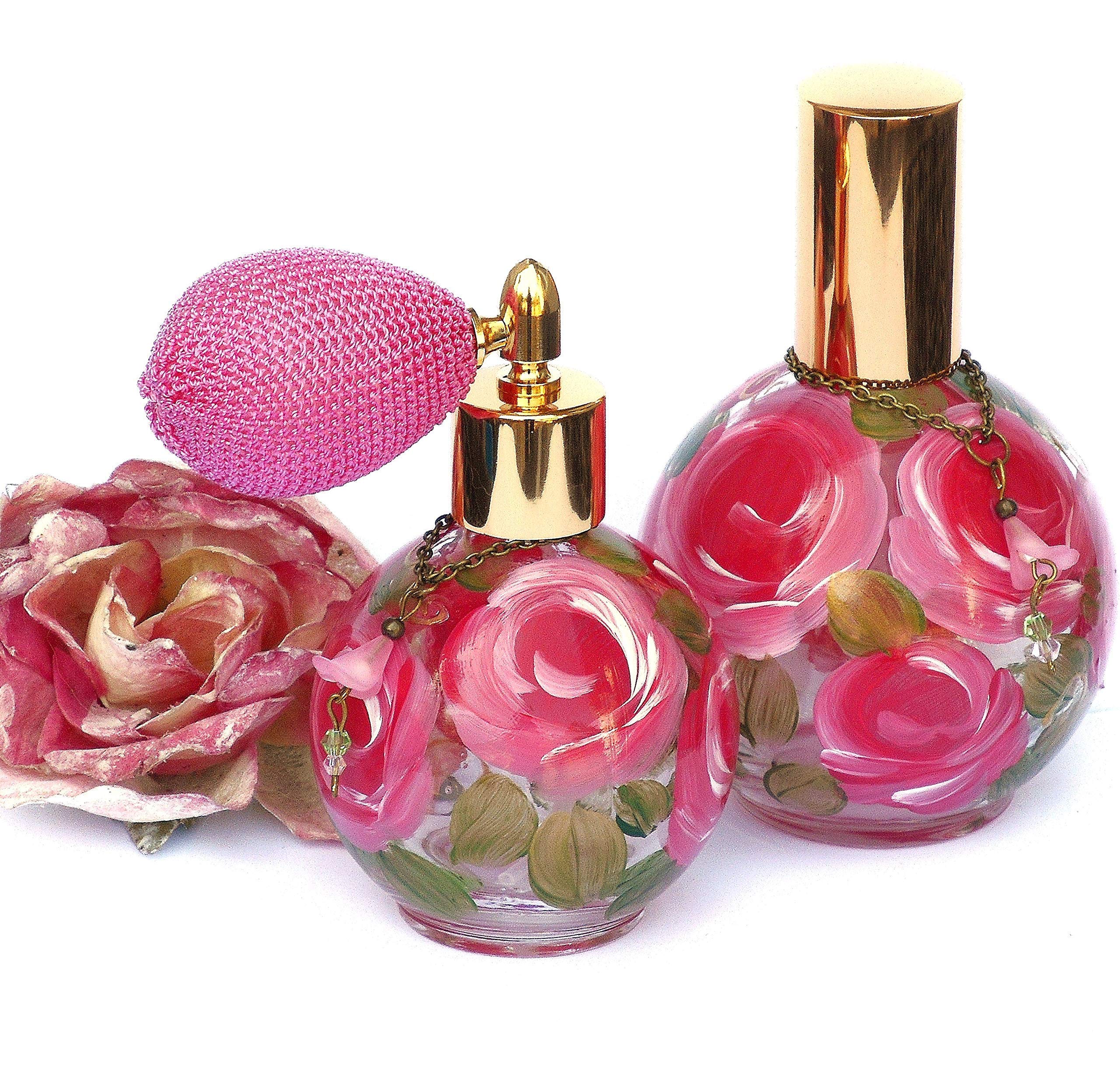 Hand Painted Pink Roses Glass Perfume Bottle with Pump - Romantic Round Soap Dispenser for Bathroom Decor | Shabby Chic Vanity Organizer, Gift for Her, Home Fragrance Essential Oil Sprayer