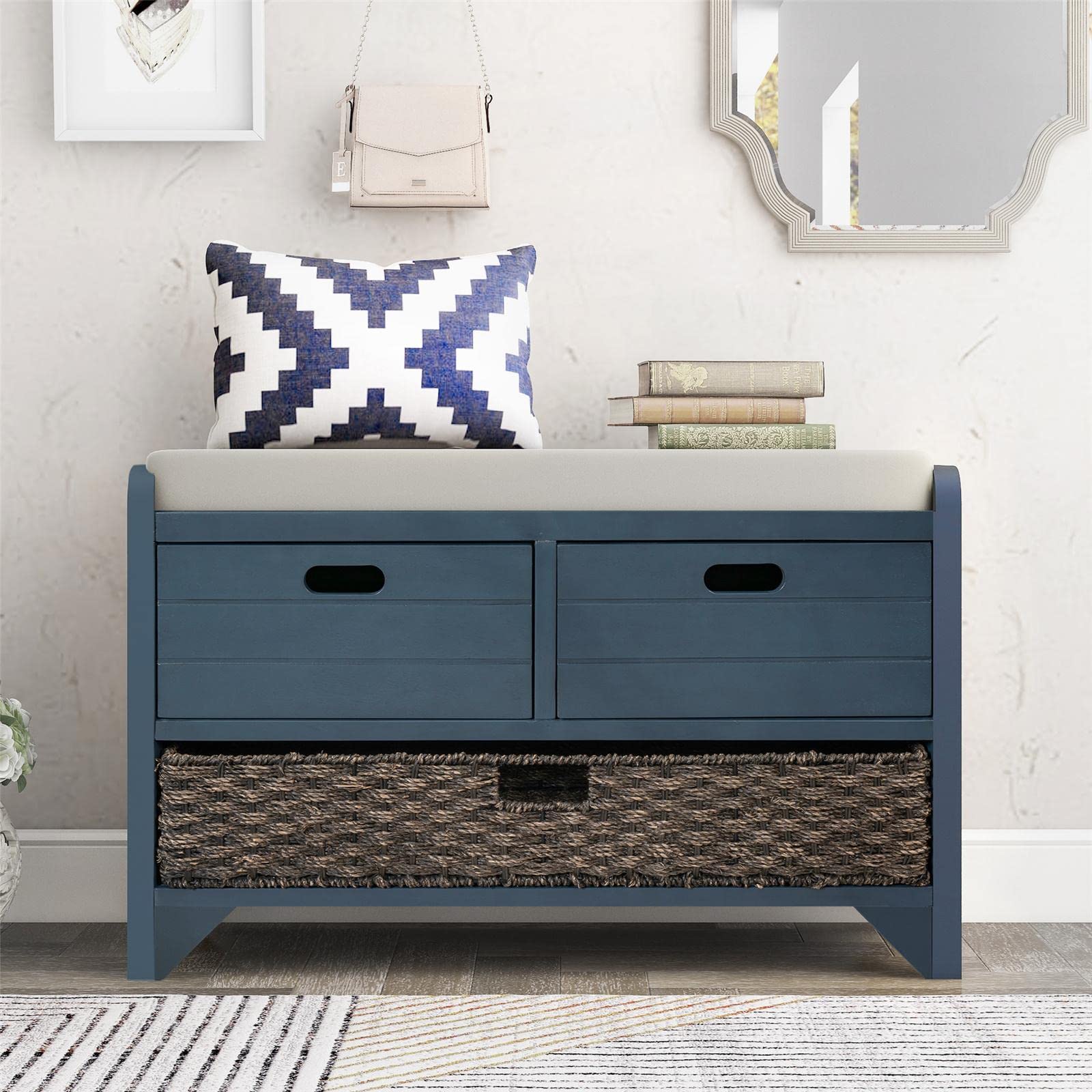 JINS&VICO Entryway Storage Bench with Removable Basket & 2 Drawers - Shoe Bench with Cushion for Hallway, Living Room - Fully Assembled Navy Blue Organizer for Shoes, Hats & Home Decor